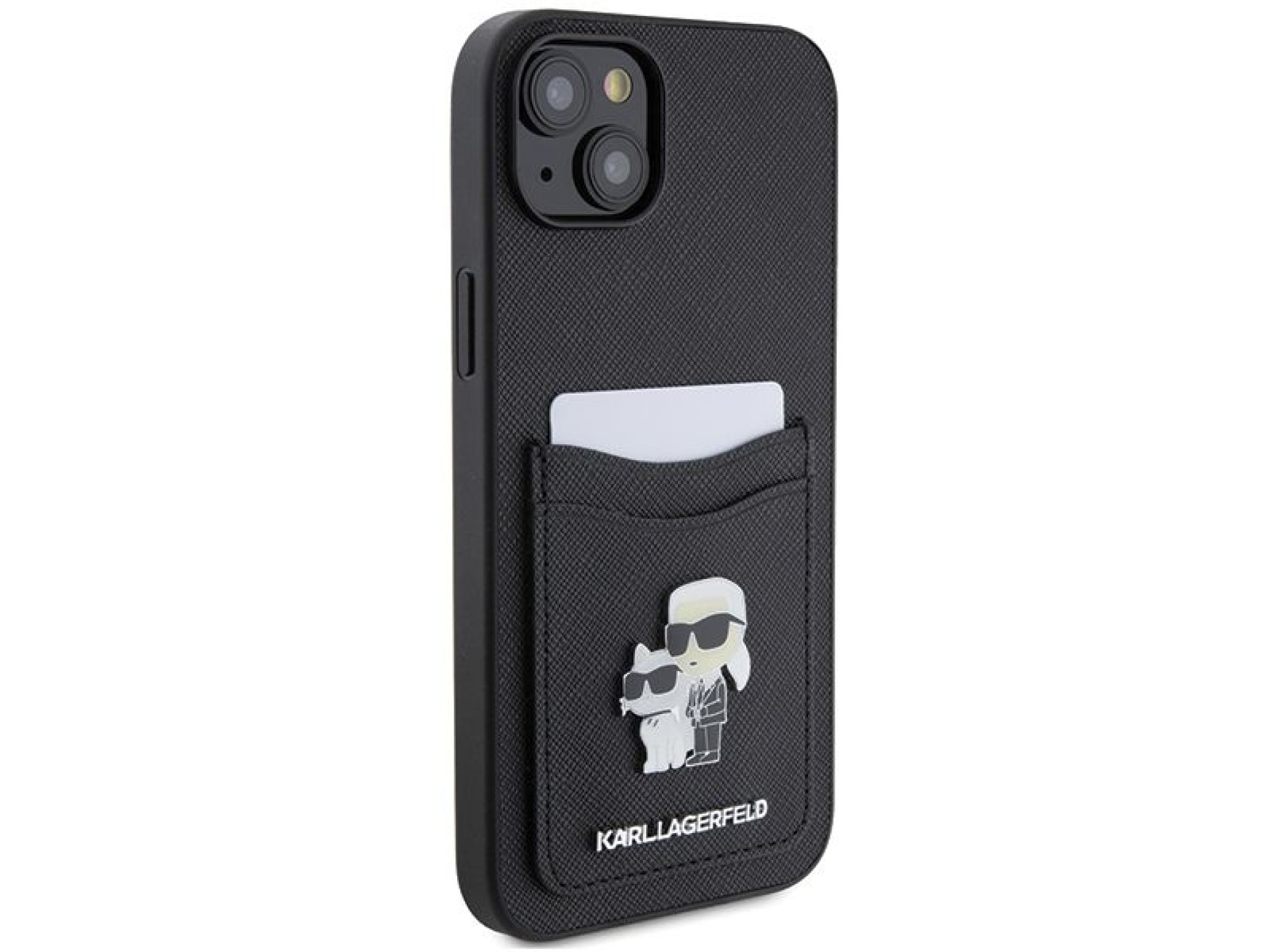 Capa para iPhone 15 com alfinete metálico Karl Lagerfeld Saffiano Cardslot Karl&Choupette - preta