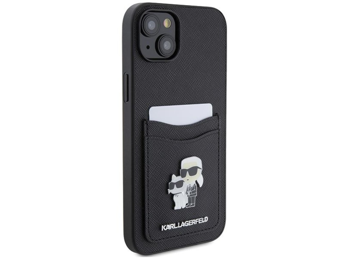 Capa para iPhone 15 com alfinete metálico Karl Lagerfeld Saffiano Cardslot Karl&Choupette - preta