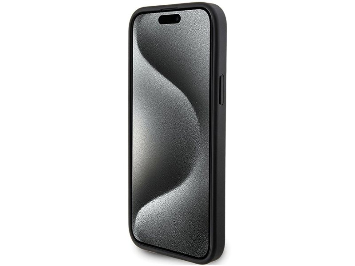Capa para iPhone 15 com alfinete metálico Karl Lagerfeld Saffiano Cardslot Karl&Choupette - preta