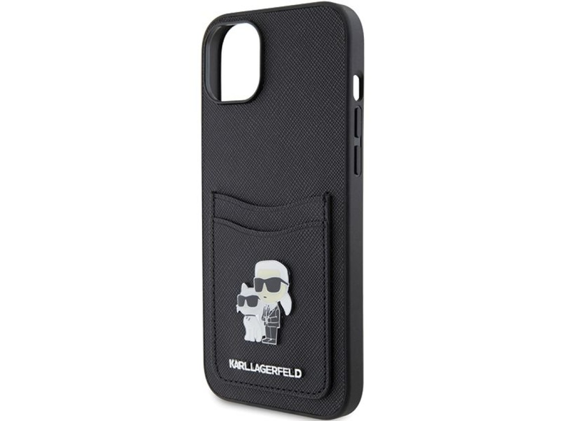 Capa para iPhone 15 com alfinete metálico Karl Lagerfeld Saffiano Cardslot Karl&Choupette - preta