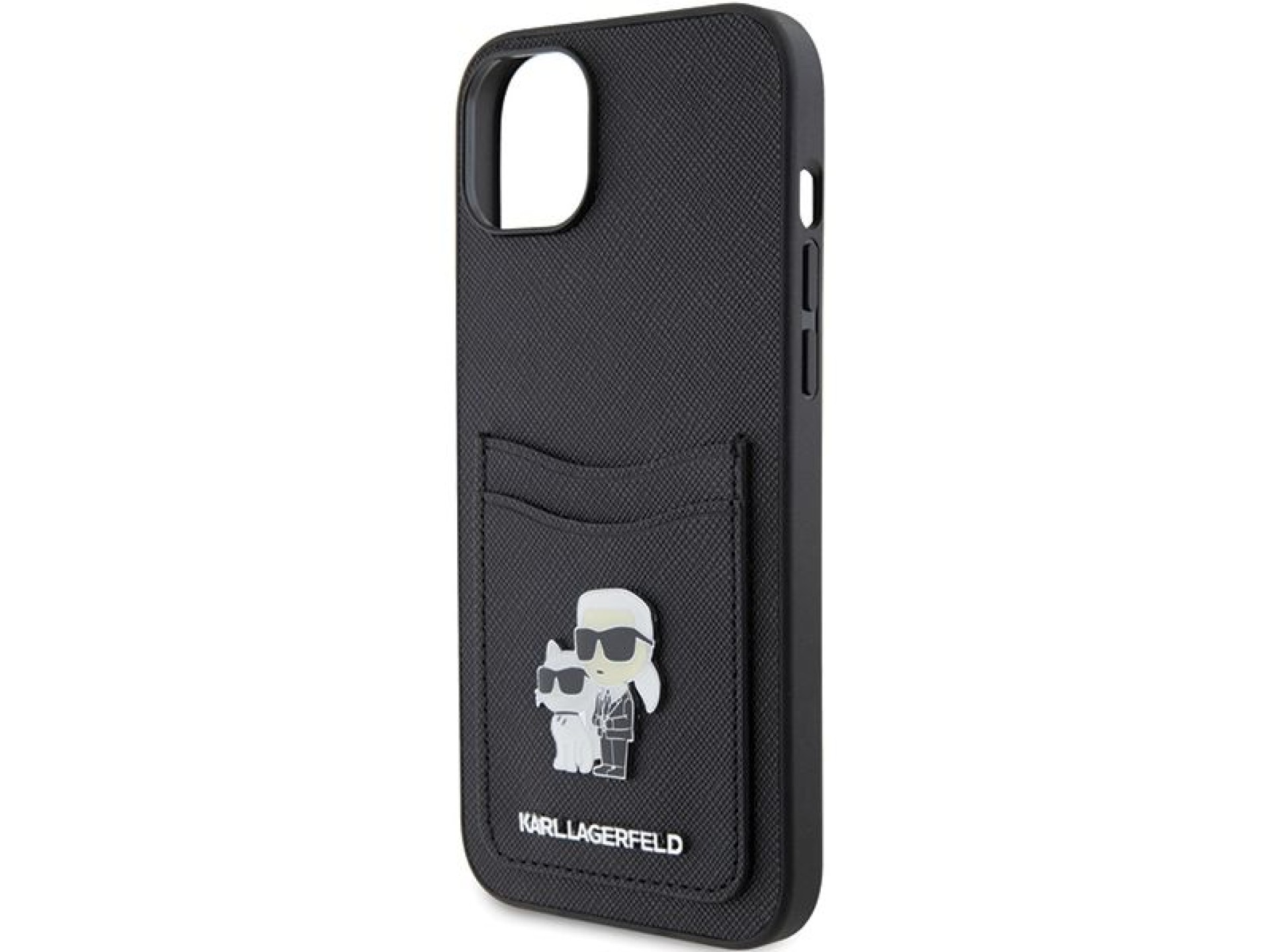 Capa para iPhone 15 com alfinete metálico Karl Lagerfeld Saffiano Cardslot Karl&Choupette - preta