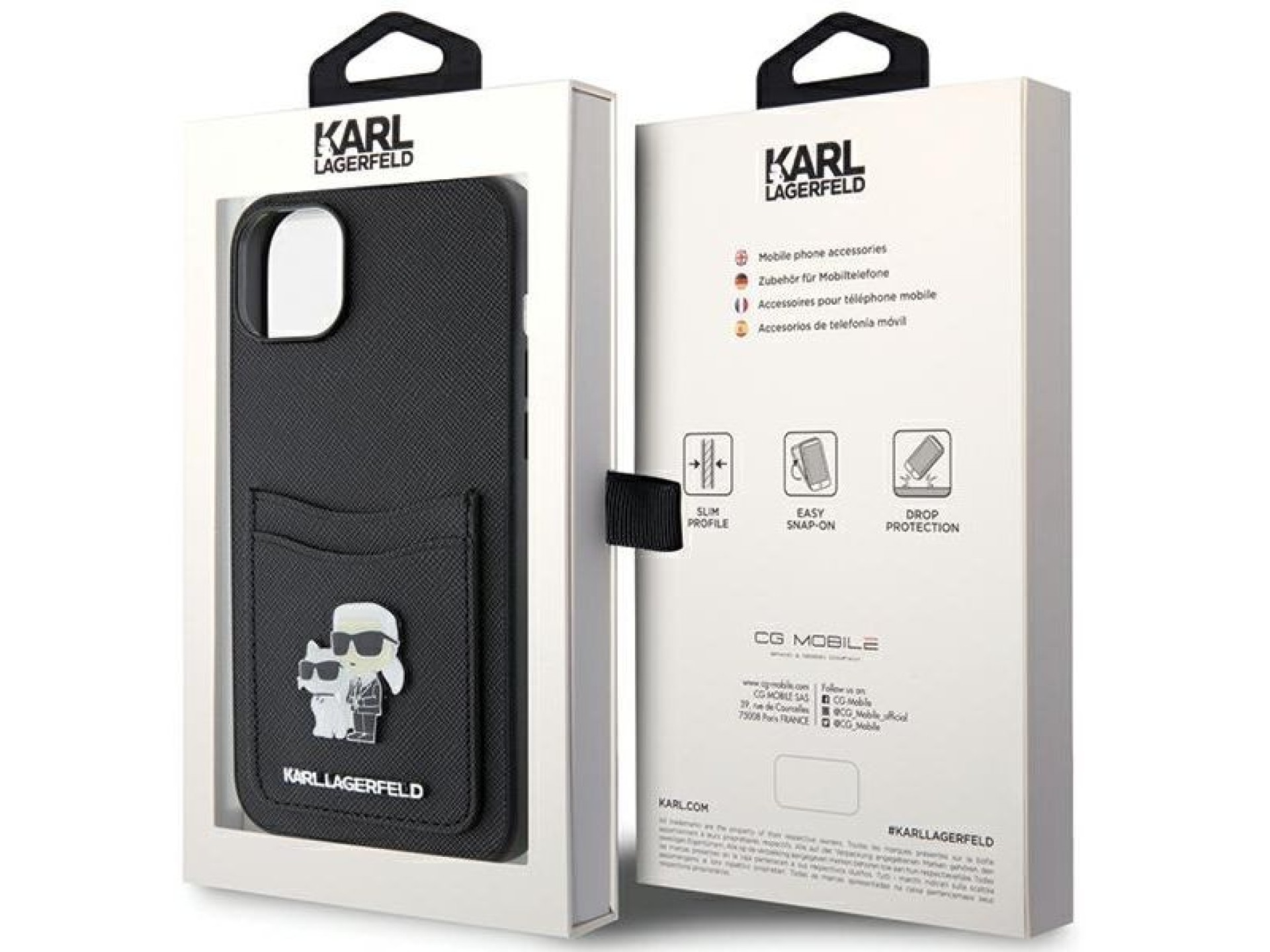 Capa para iPhone 15 com alfinete metálico Karl Lagerfeld Saffiano Cardslot Karl&Choupette - preta