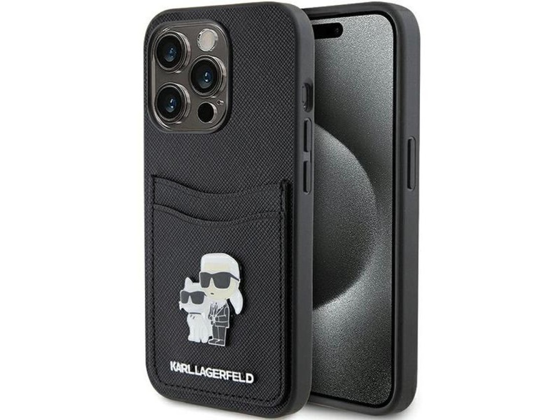 Funda Karl Lagerfeld Saffiano Cardslot Karl&Choupette con pin metálico para iPhone 15 Pro - negra
