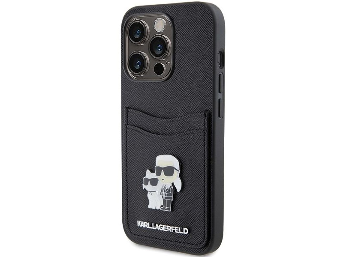 Funda Karl Lagerfeld Saffiano Cardslot Karl&Choupette con pin metálico para iPhone 15 Pro - negra