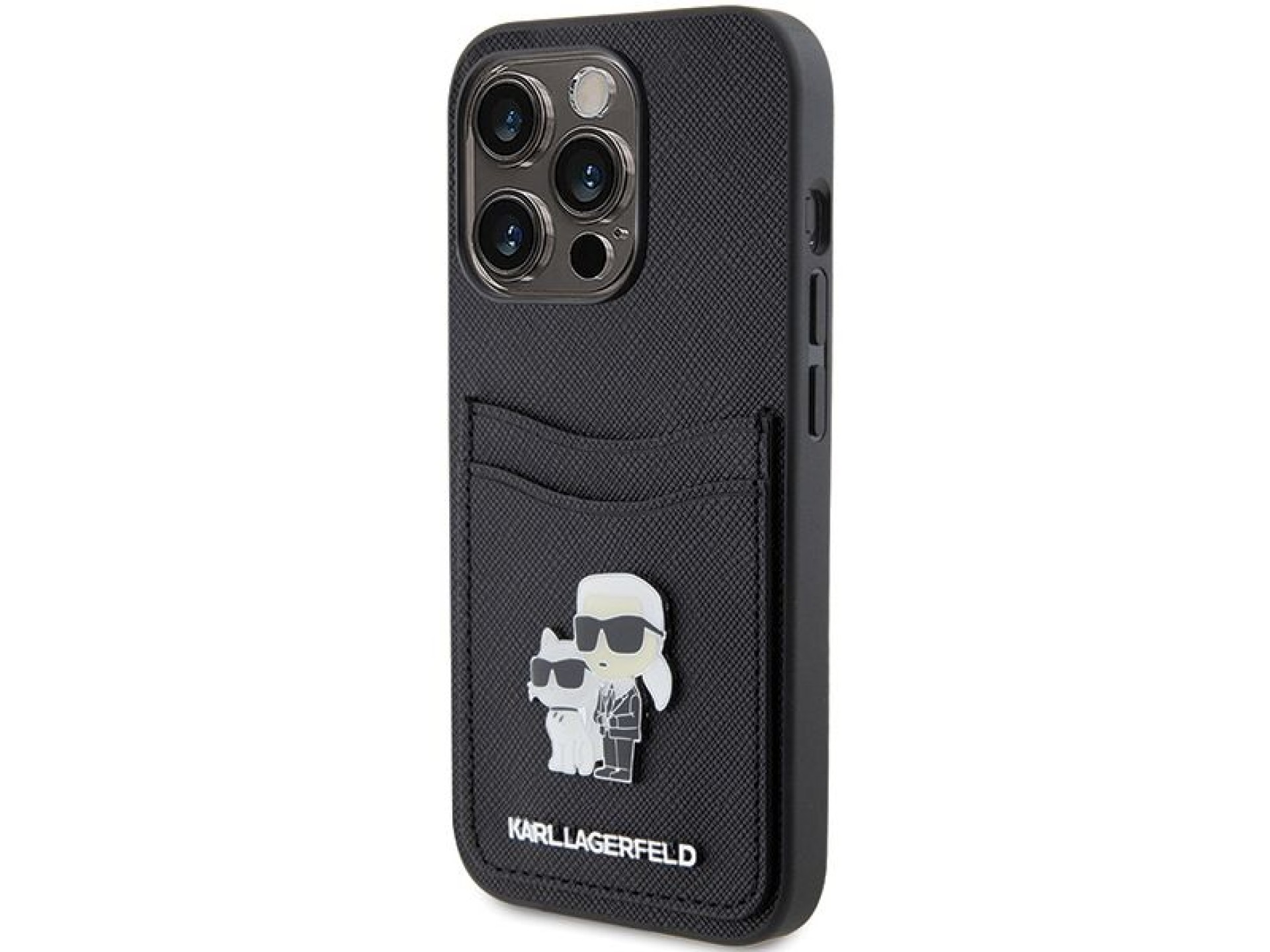 Funda Karl Lagerfeld Saffiano Cardslot Karl&Choupette con pin metálico para iPhone 15 Pro - negra
