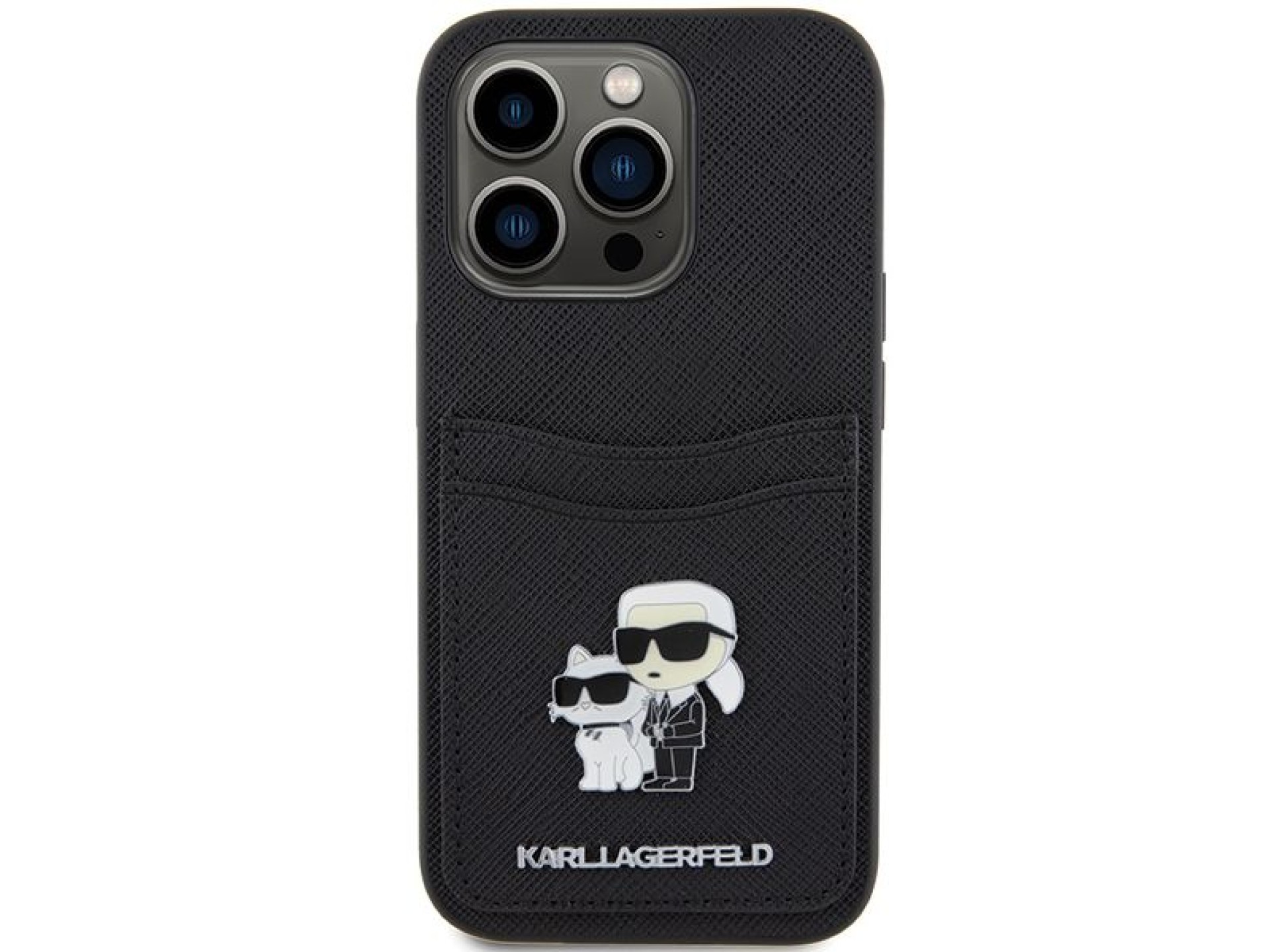 Funda Karl Lagerfeld Saffiano Cardslot Karl&Choupette con pin metálico para iPhone 15 Pro - negra