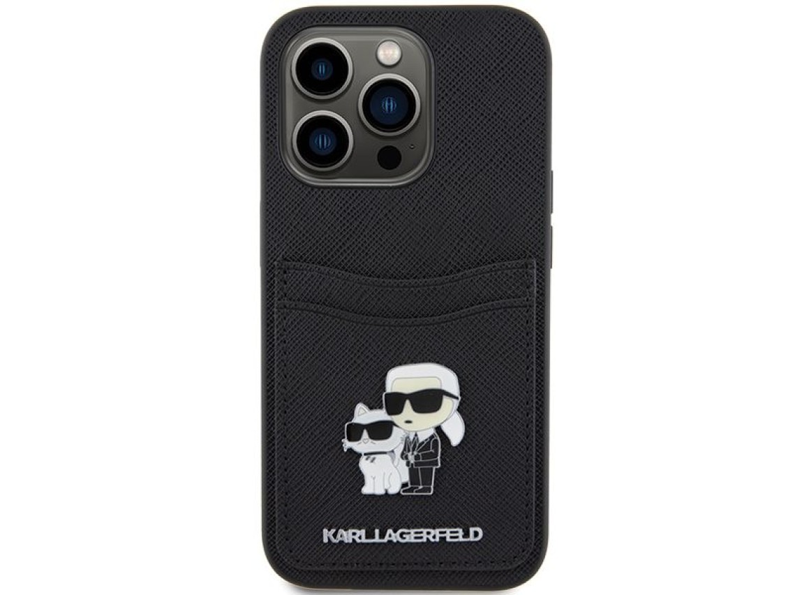 Funda Karl Lagerfeld Saffiano Cardslot Karl&Choupette con pin metálico para iPhone 15 Pro - negra
