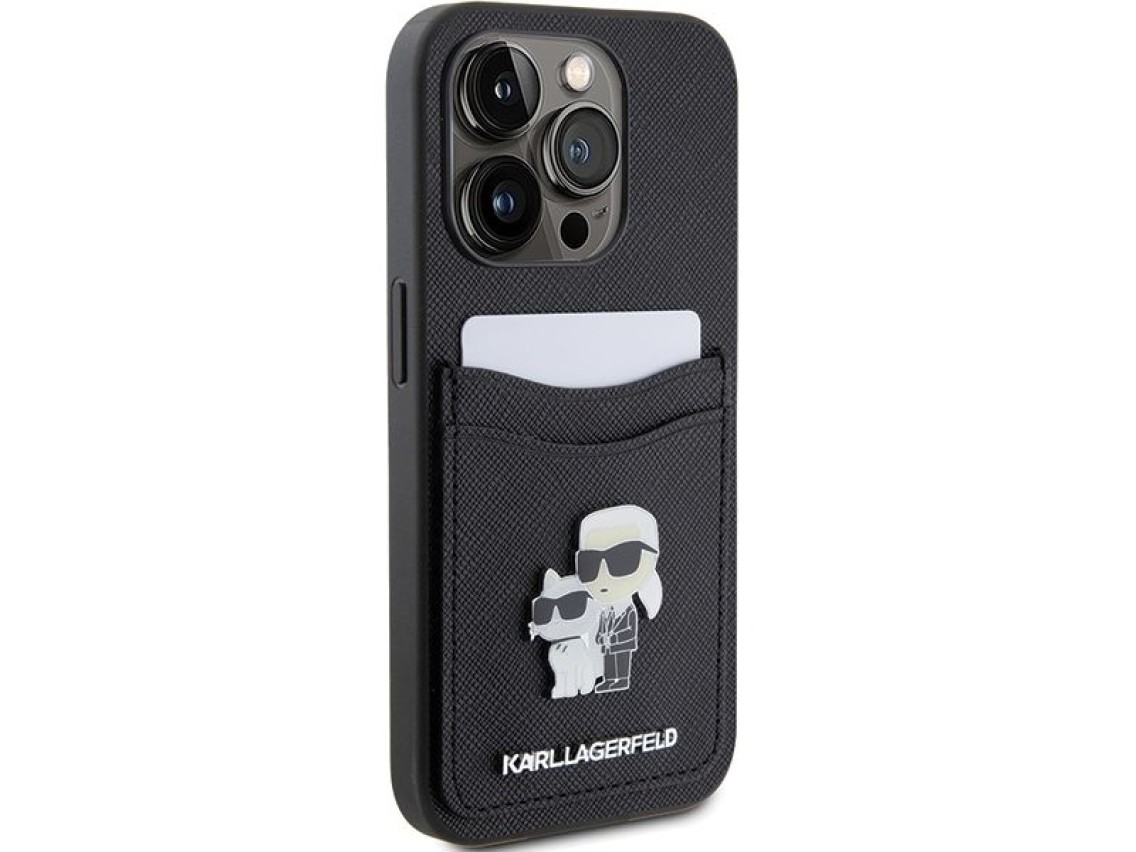 Funda Karl Lagerfeld Saffiano Cardslot Karl&Choupette con pin metálico para iPhone 15 Pro - negra
