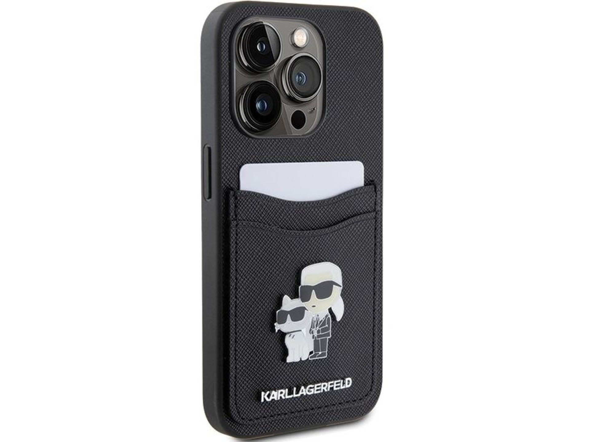 Funda Karl Lagerfeld Saffiano Cardslot Karl&Choupette con pin metálico para iPhone 15 Pro - negra