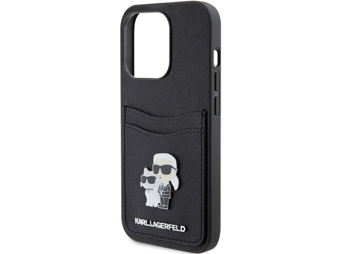 Funda Karl Lagerfeld Saffiano Cardslot Karl&Choupette con pin metálico para iPhone 15 Pro - negra
