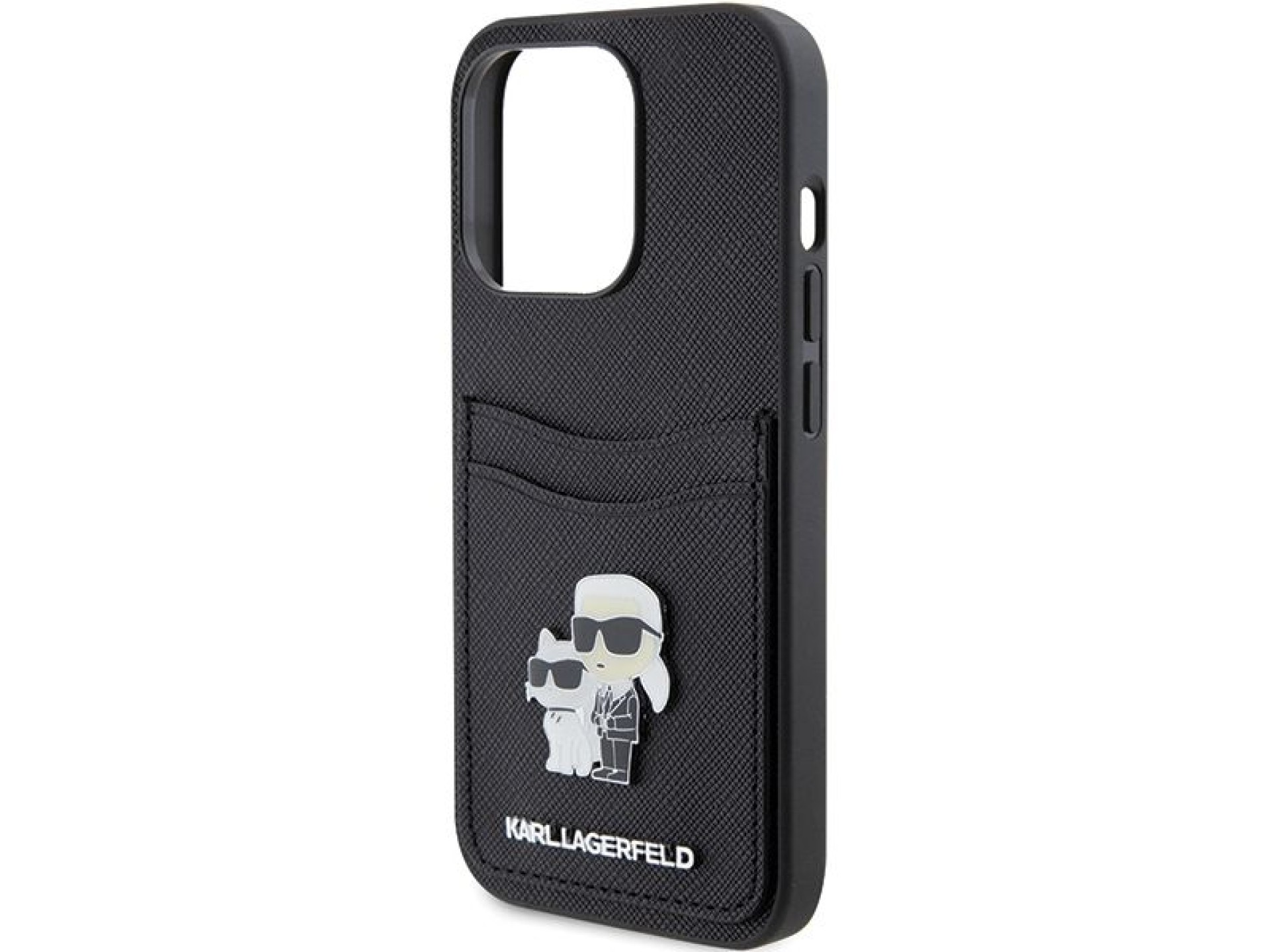 Funda Karl Lagerfeld Saffiano Cardslot Karl&Choupette con pin metálico para iPhone 15 Pro - negra