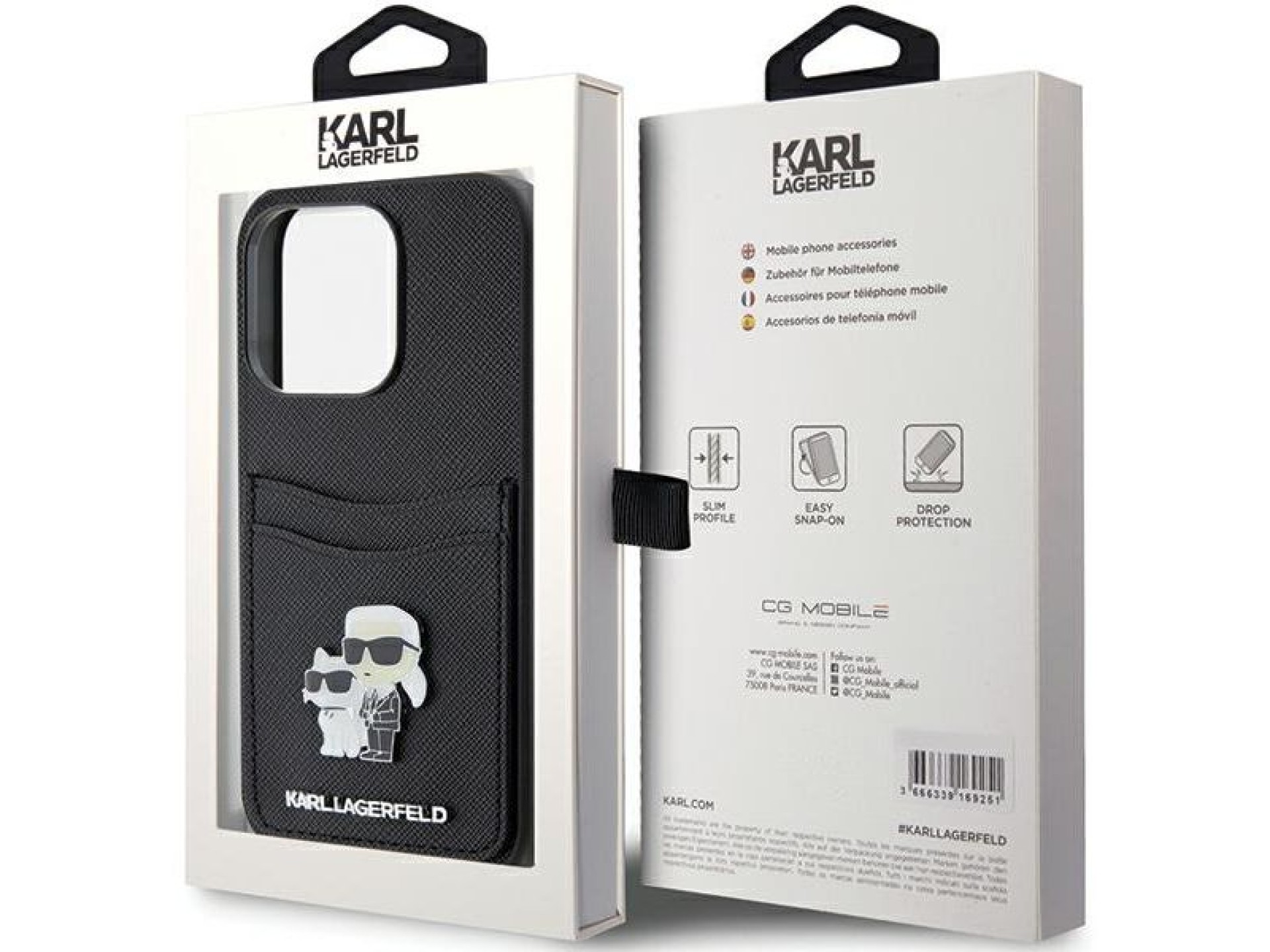 Funda Karl Lagerfeld Saffiano Cardslot Karl&Choupette con pin metálico para iPhone 15 Pro - negra