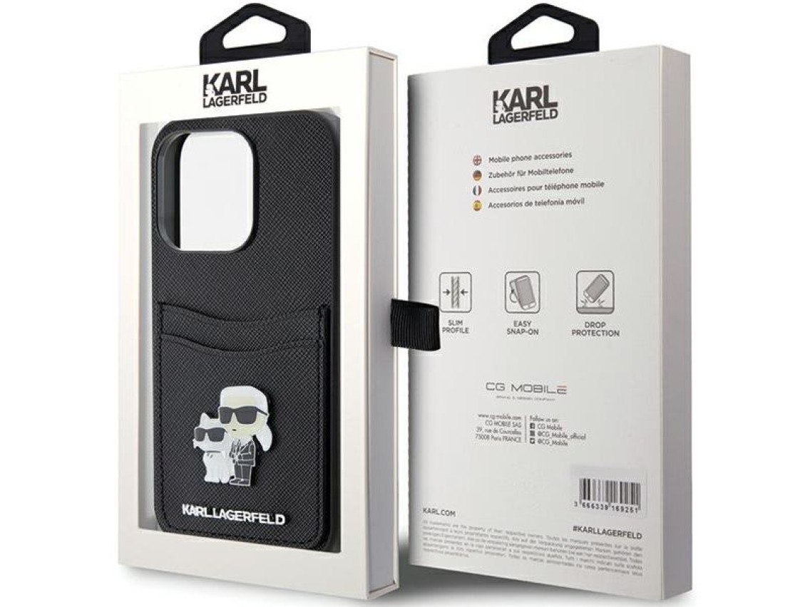 Funda Karl Lagerfeld Saffiano Cardslot Karl&Choupette con pin metálico para iPhone 15 Pro - negra