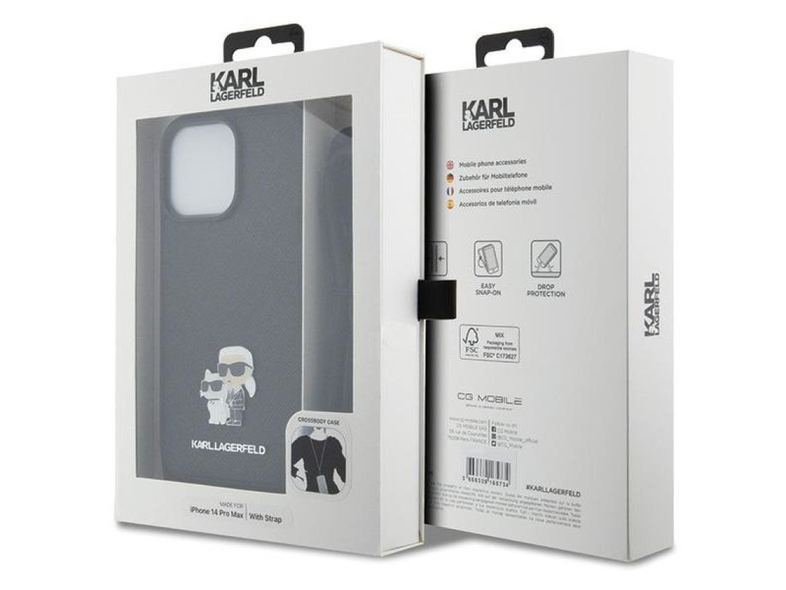 Capa Karl Lagerfeld KLHCP14XSAKCPSK para iPhone 14 Pro Max 6.7" - preta, modelo transversal, em meta