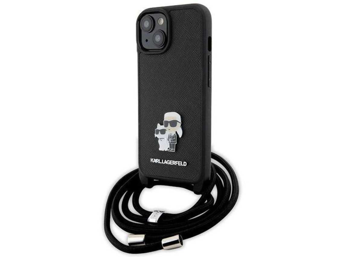 Bolsa transversal Karl Lagerfeld em metal Saffiano com broche Karl & Choupette, capa para iPhone 15