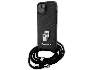 Karl Lagerfeld Crossbody Saffiano Metal Pin Karl & Choupette case for iPhone 15 - black Karl Lagerfeld Crossbody Saffiano Metal Pin Karl & Choupette case for iPhone 15 - black