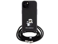 Bolsa transversal Karl Lagerfeld em metal Saffiano com broche Karl & Choupette, capa para iPhone 15 Bolsa transversal Karl Lagerfeld em metal Saffiano com broche Karl & Choupette, capa para iPhone 15