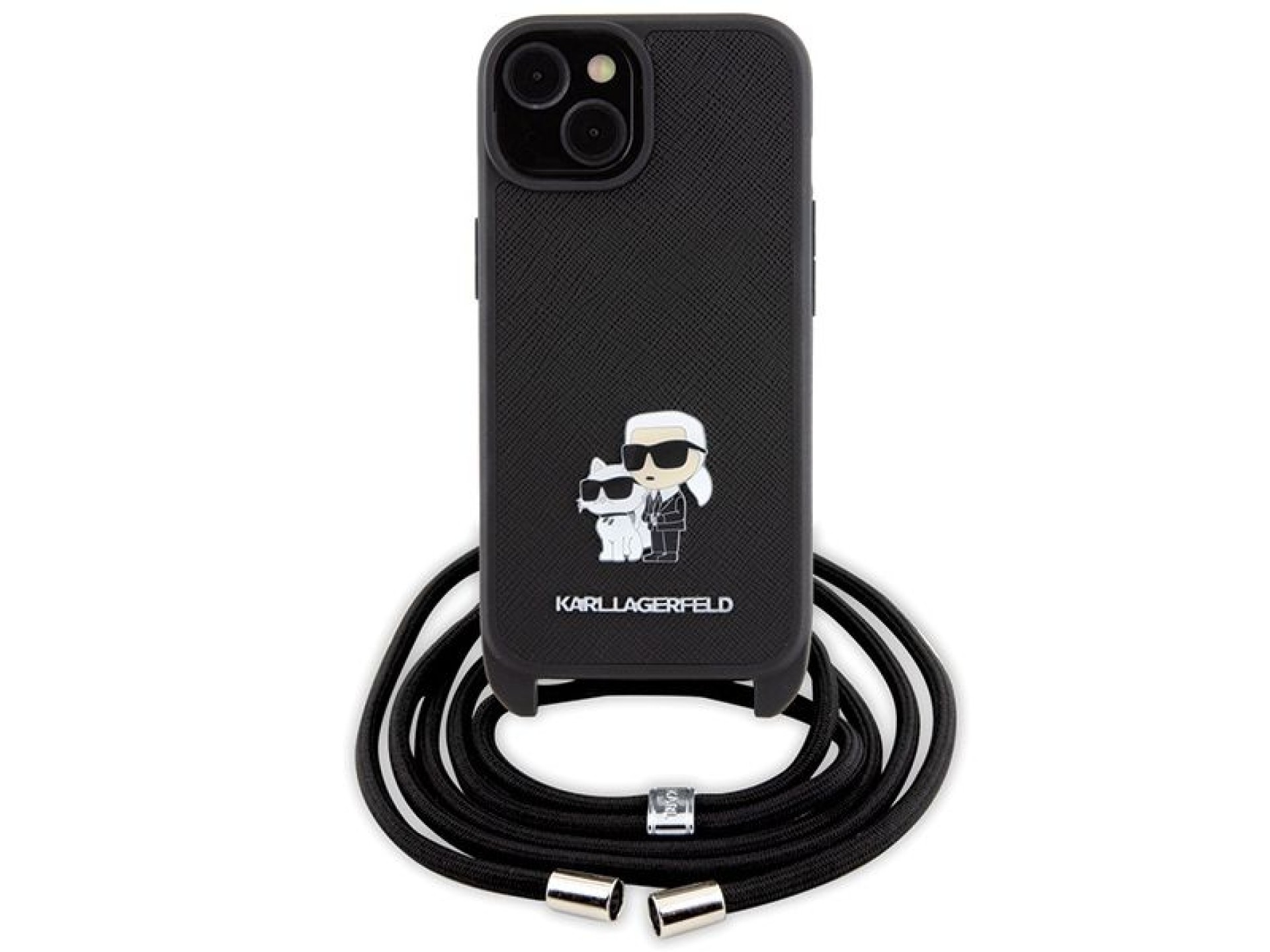 Bolsa transversal Karl Lagerfeld em metal Saffiano com broche Karl & Choupette, capa para iPhone 15