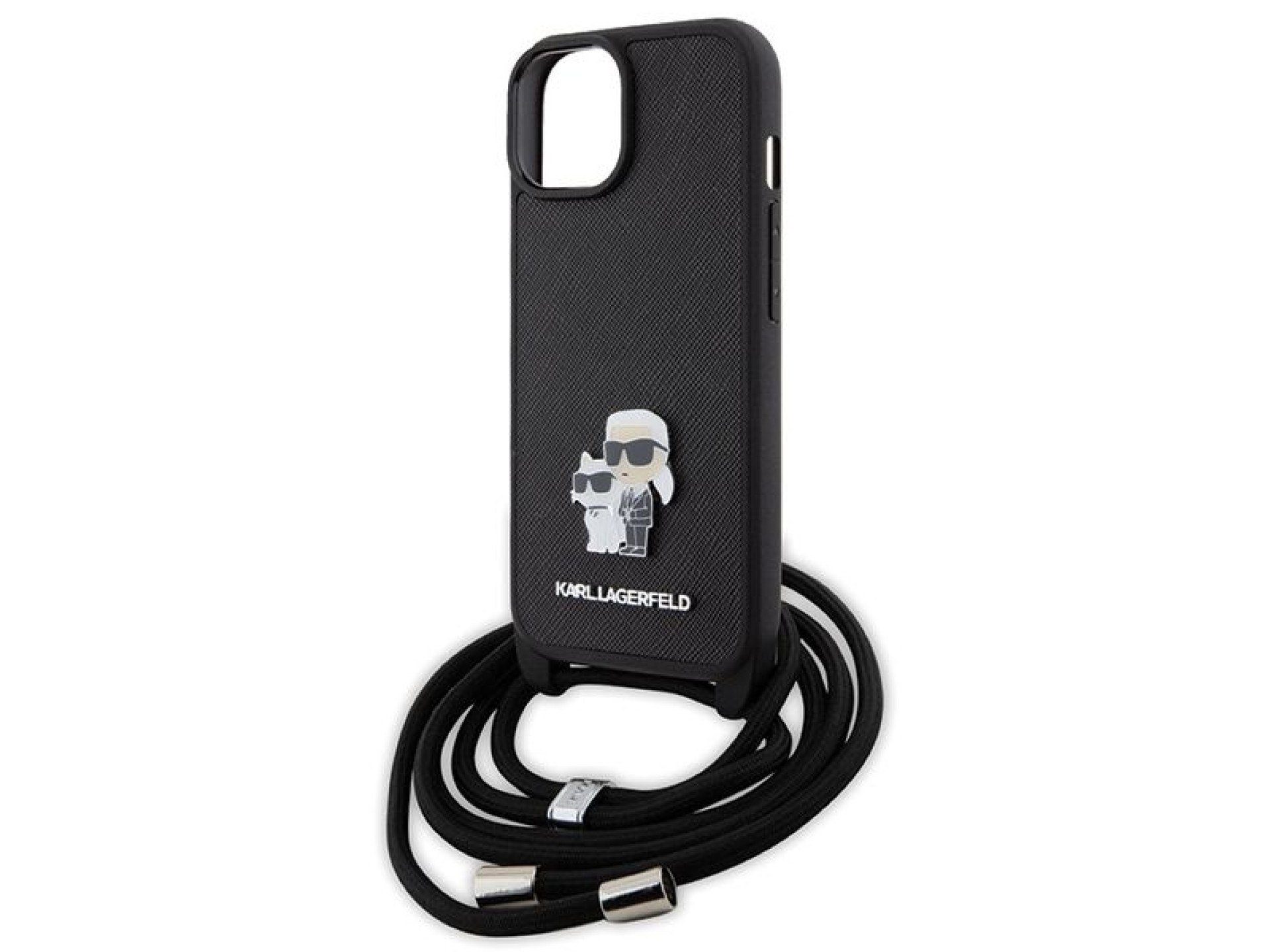 Bolsa transversal Karl Lagerfeld em metal Saffiano com broche Karl & Choupette, capa para iPhone 15