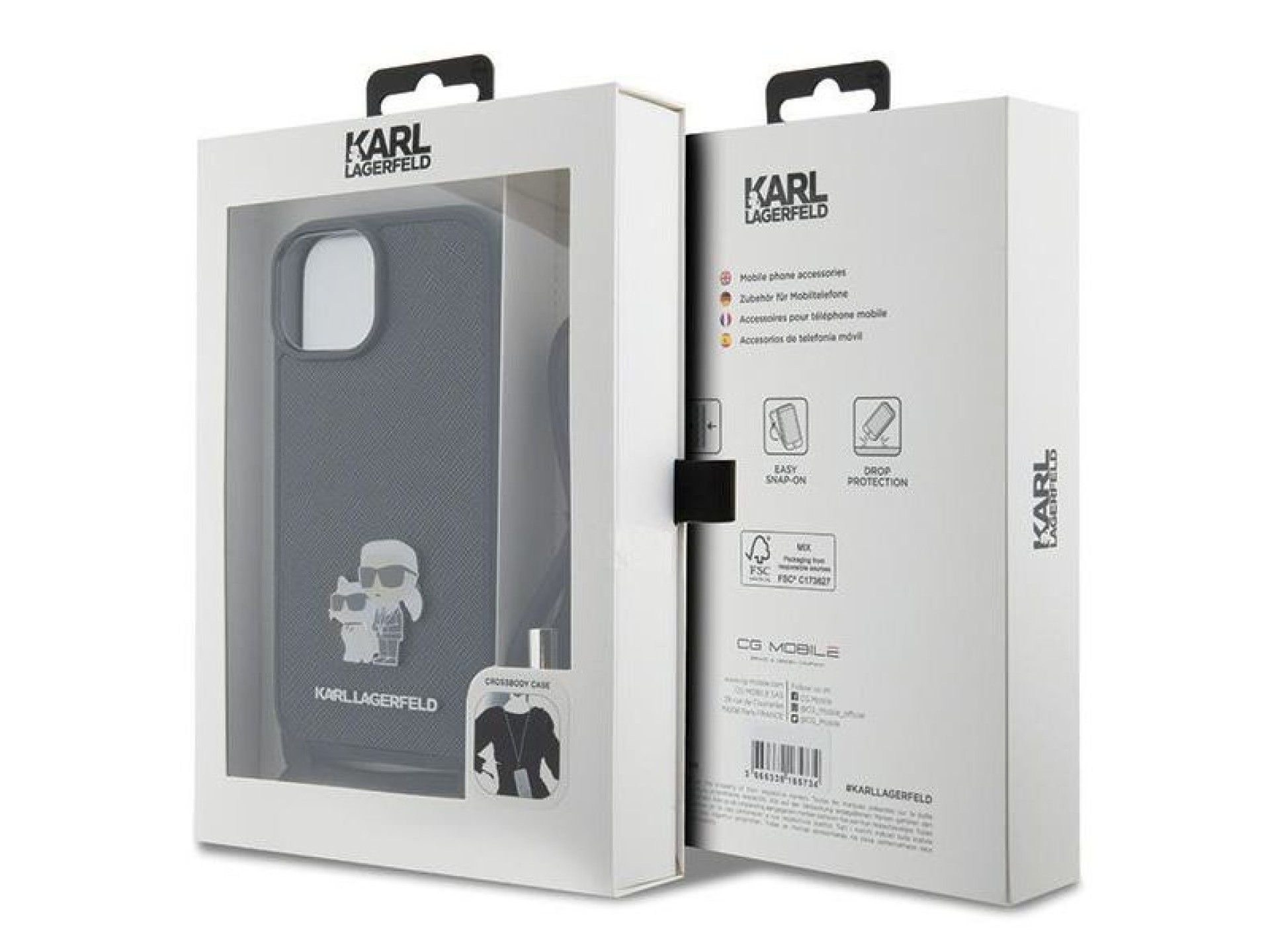 Bolsa transversal Karl Lagerfeld em metal Saffiano com broche Karl & Choupette, capa para iPhone 15