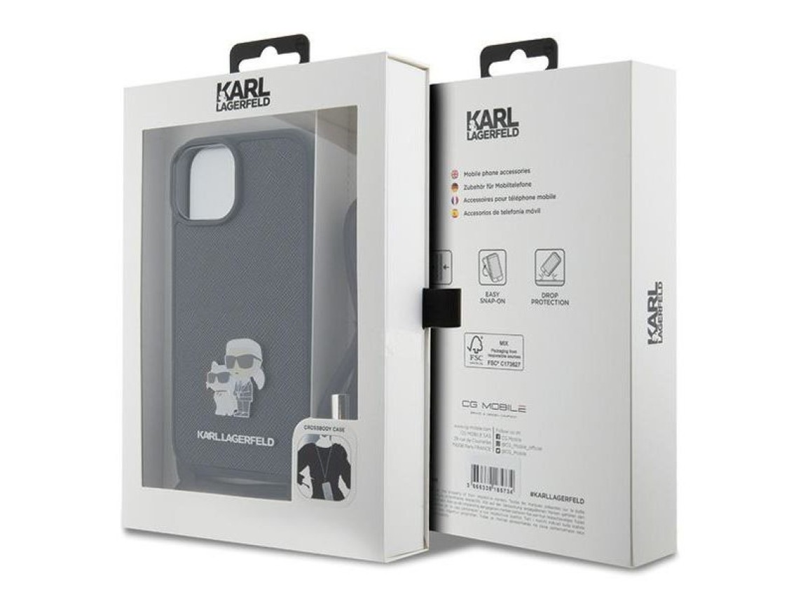 Bolsa transversal Karl Lagerfeld em metal Saffiano com broche Karl & Choupette, capa para iPhone 15