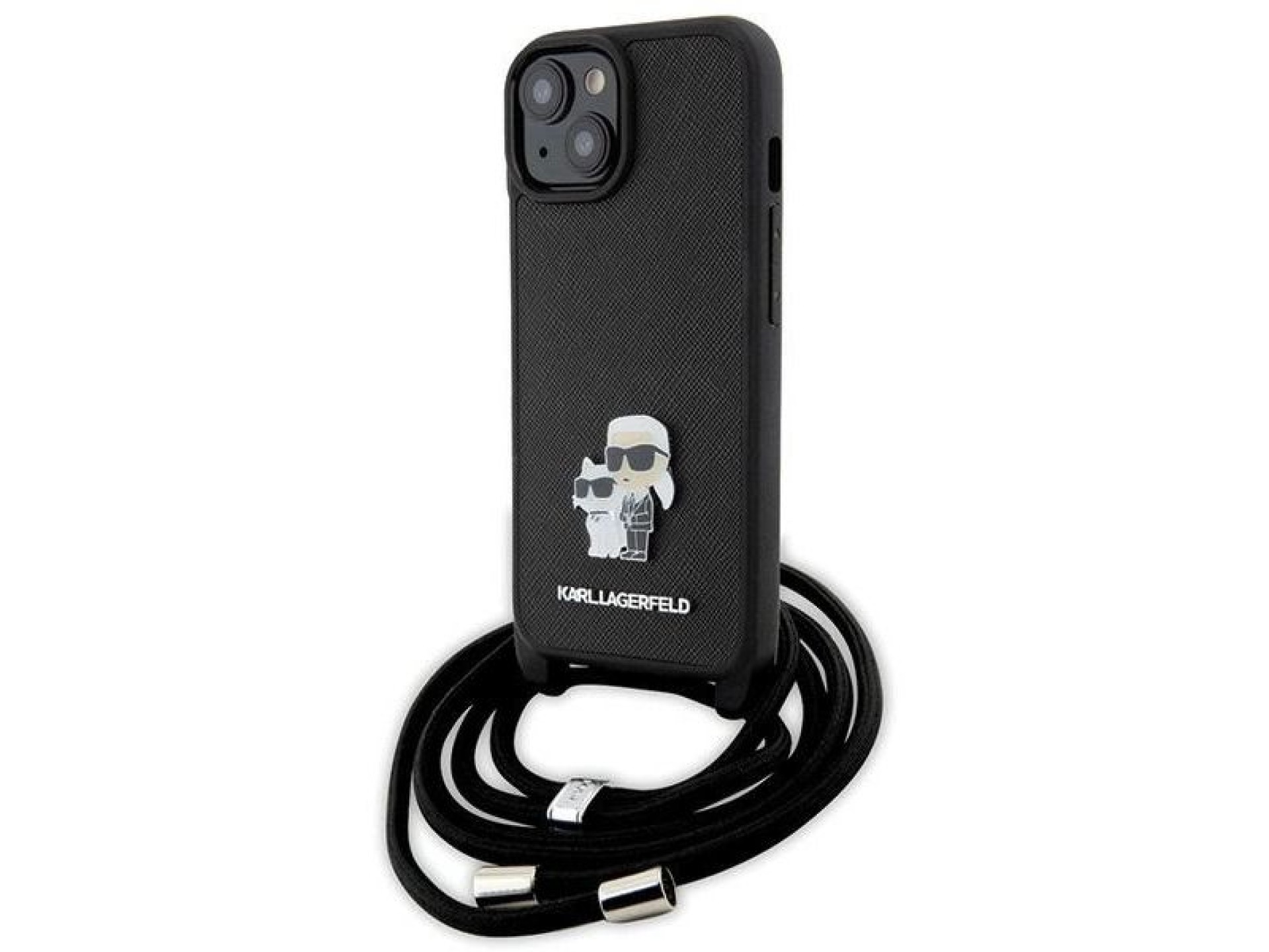 Bolsa transversal Karl Lagerfeld em metal Saffiano com broche Karl & Choupette, capa para iPhone 15