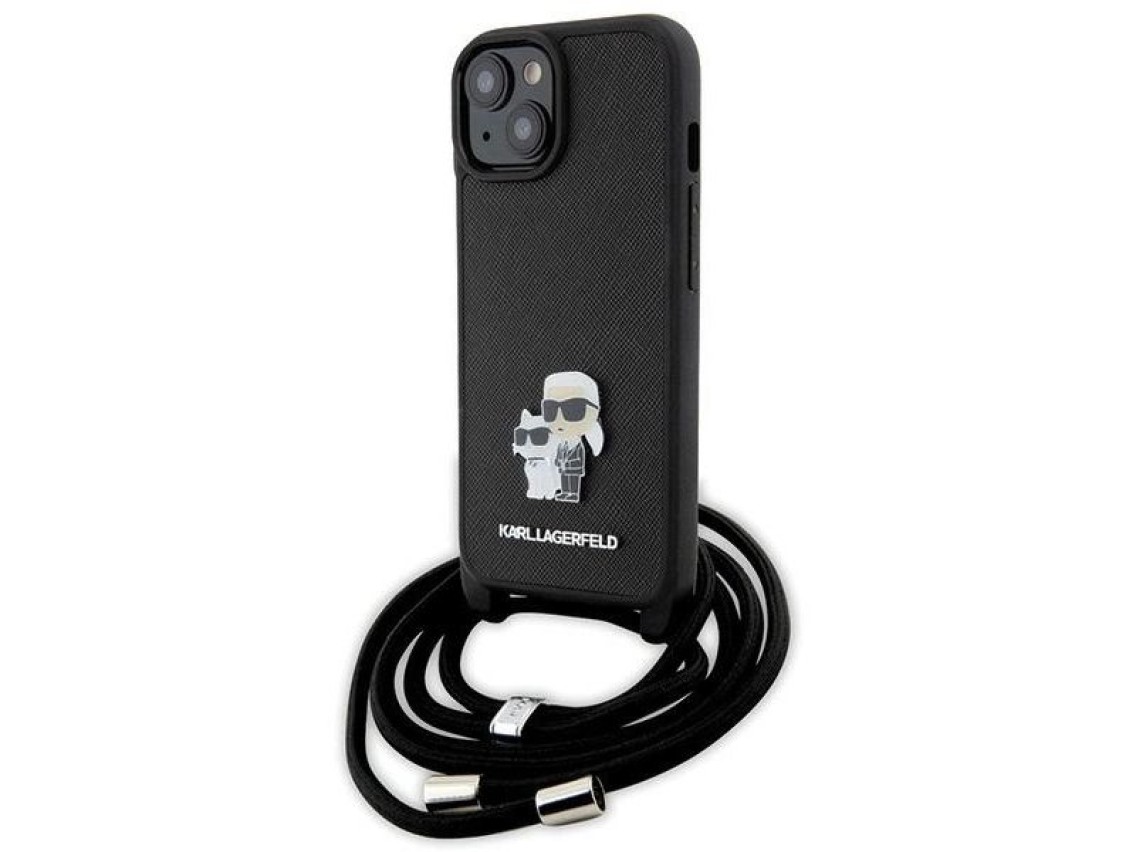 Bolsa transversal Karl Lagerfeld em metal Saffiano com broche Karl & Choupette, capa para iPhone 15