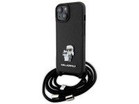 Bolsa transversal Karl Lagerfeld em metal Saffiano com broche Karl & Choupette, capa para iPhone 15 Bolsa transversal Karl Lagerfeld em metal Saffiano com broche Karl & Choupette, capa para iPhone 15