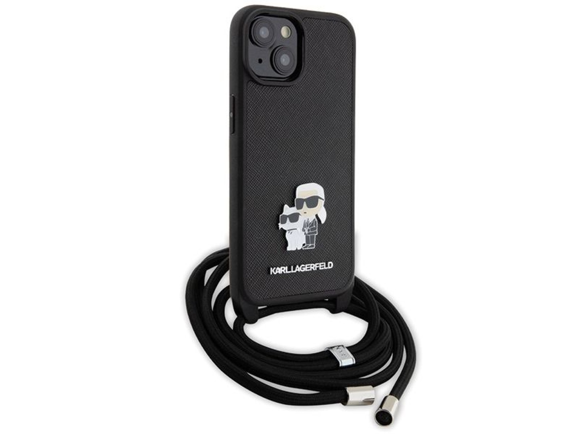 Bolsa transversal Karl Lagerfeld em metal Saffiano com broche Karl & Choupette, capa para iPhone 15