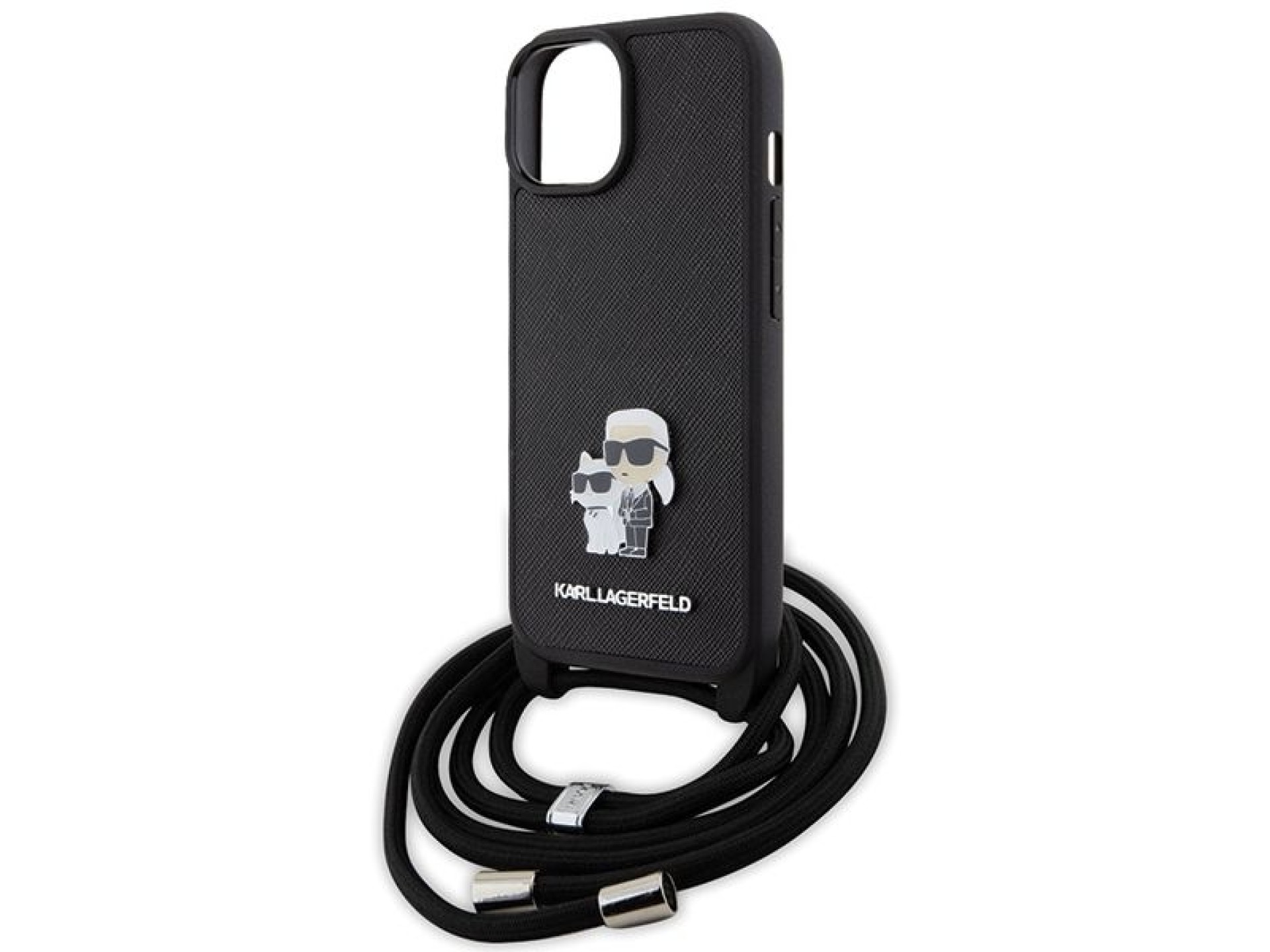 Bolsa transversal Karl Lagerfeld em metal Saffiano com broche Karl & Choupette, capa para iPhone 15