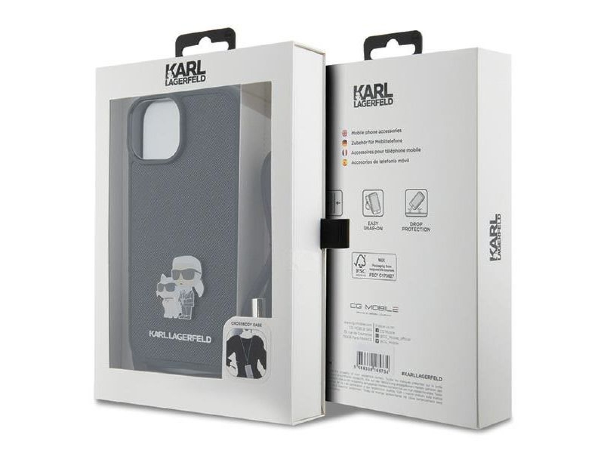 Bolsa transversal Karl Lagerfeld em metal Saffiano com broche Karl & Choupette, capa para iPhone 15