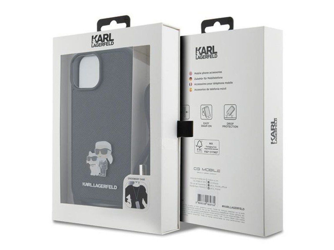 Bolsa transversal Karl Lagerfeld em metal Saffiano com broche Karl & Choupette, capa para iPhone 15