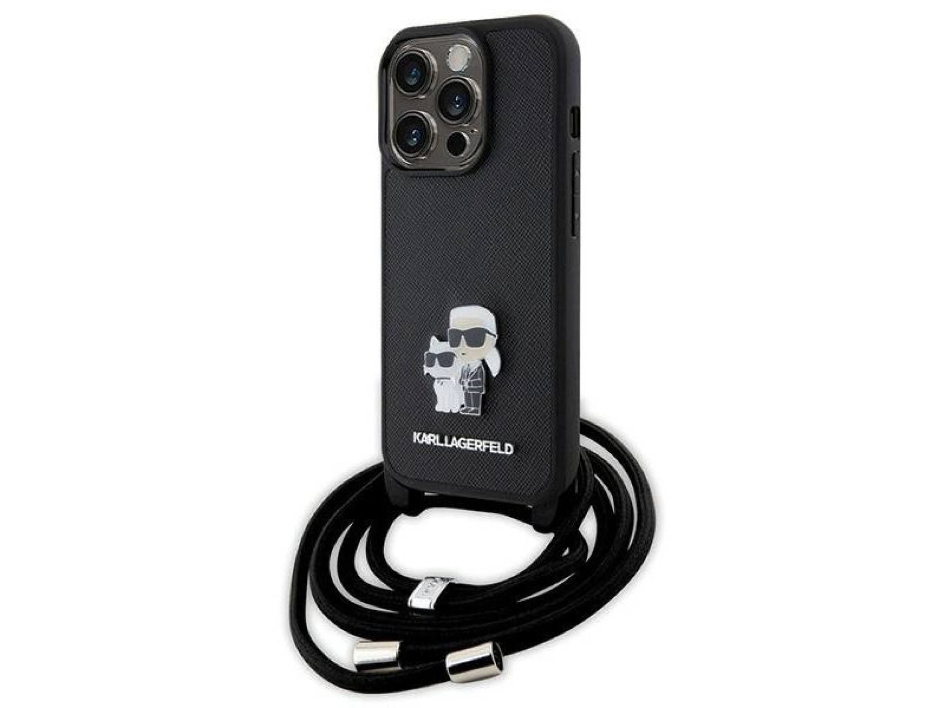 Bolsa transversal Karl Lagerfeld em metal Saffiano com broche Karl & Choupette para iPhone 15 Pro -