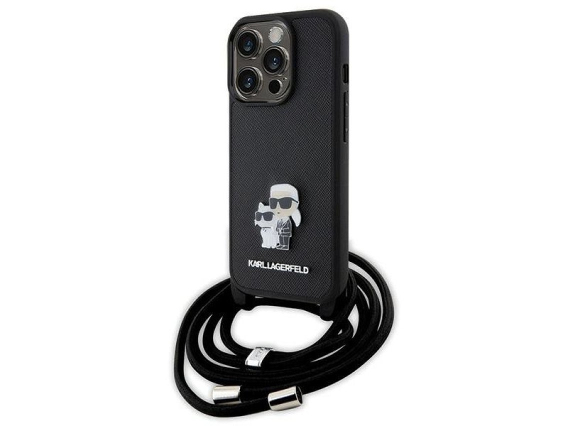 Bolsa transversal Karl Lagerfeld em metal Saffiano com broche Karl & Choupette para iPhone 15 Pro -