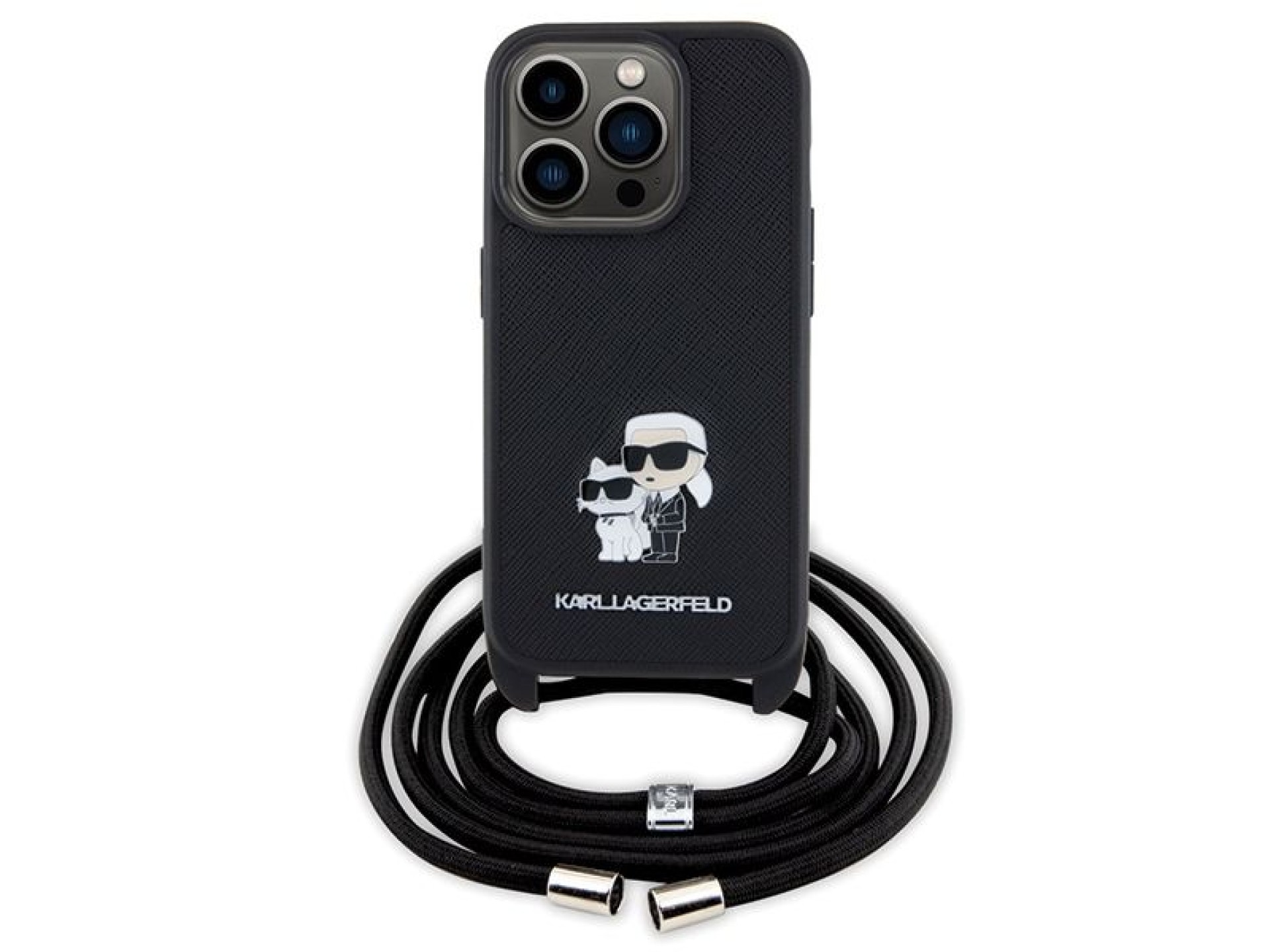 Bolsa transversal Karl Lagerfeld em metal Saffiano com broche Karl & Choupette para iPhone 15 Pro -