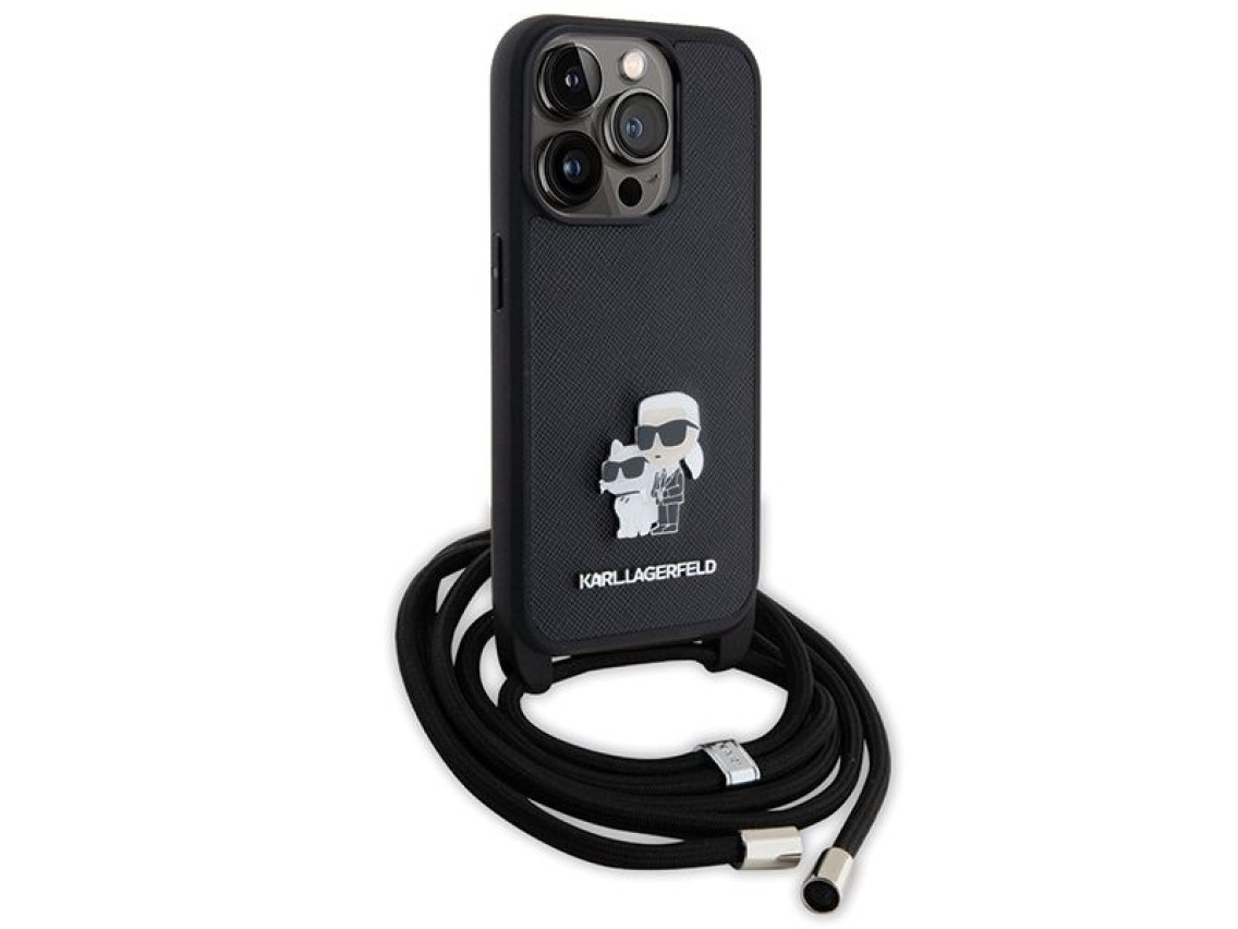 Bolsa transversal Karl Lagerfeld em metal Saffiano com broche Karl & Choupette para iPhone 15 Pro -
