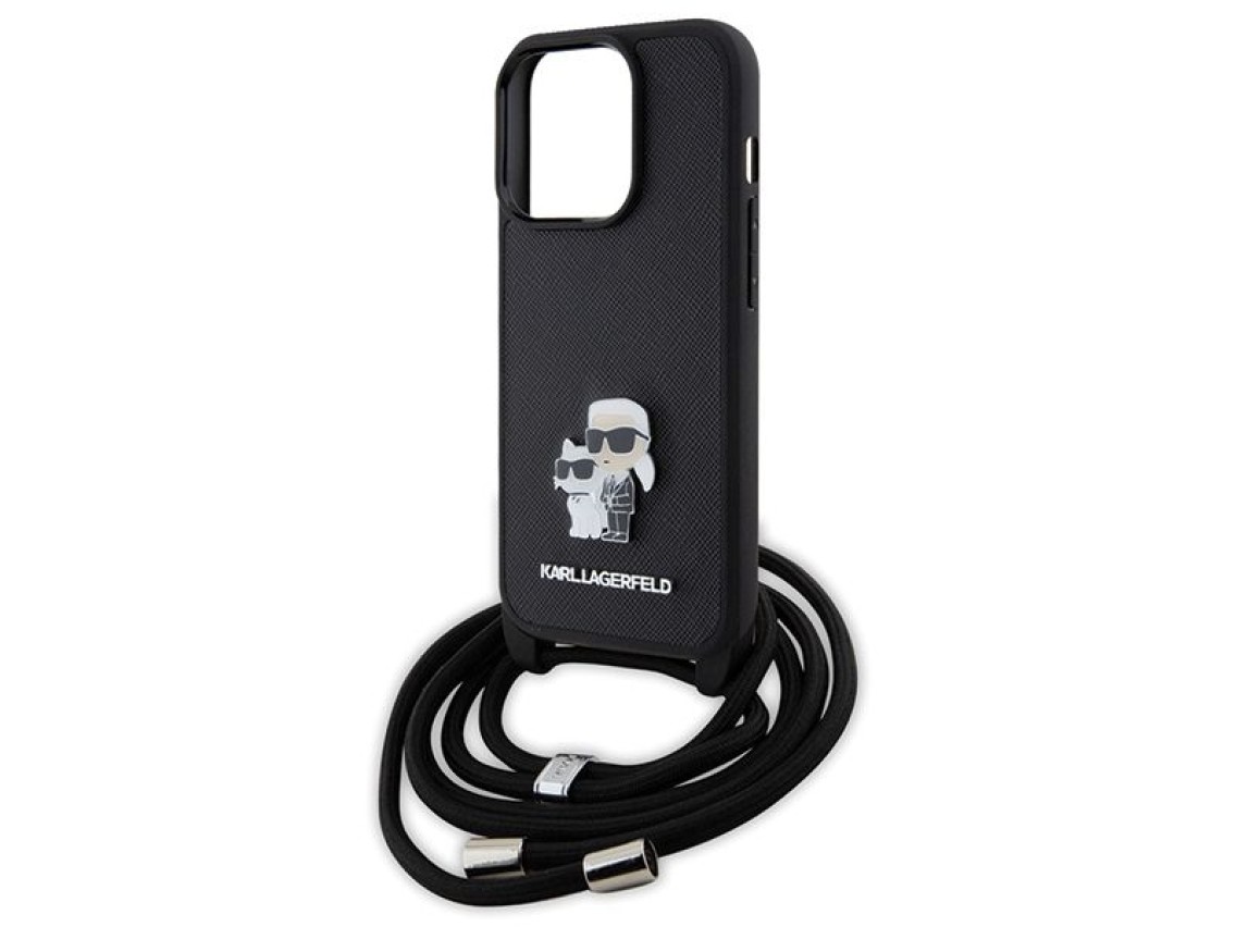 Bolsa transversal Karl Lagerfeld em metal Saffiano com broche Karl & Choupette para iPhone 15 Pro -