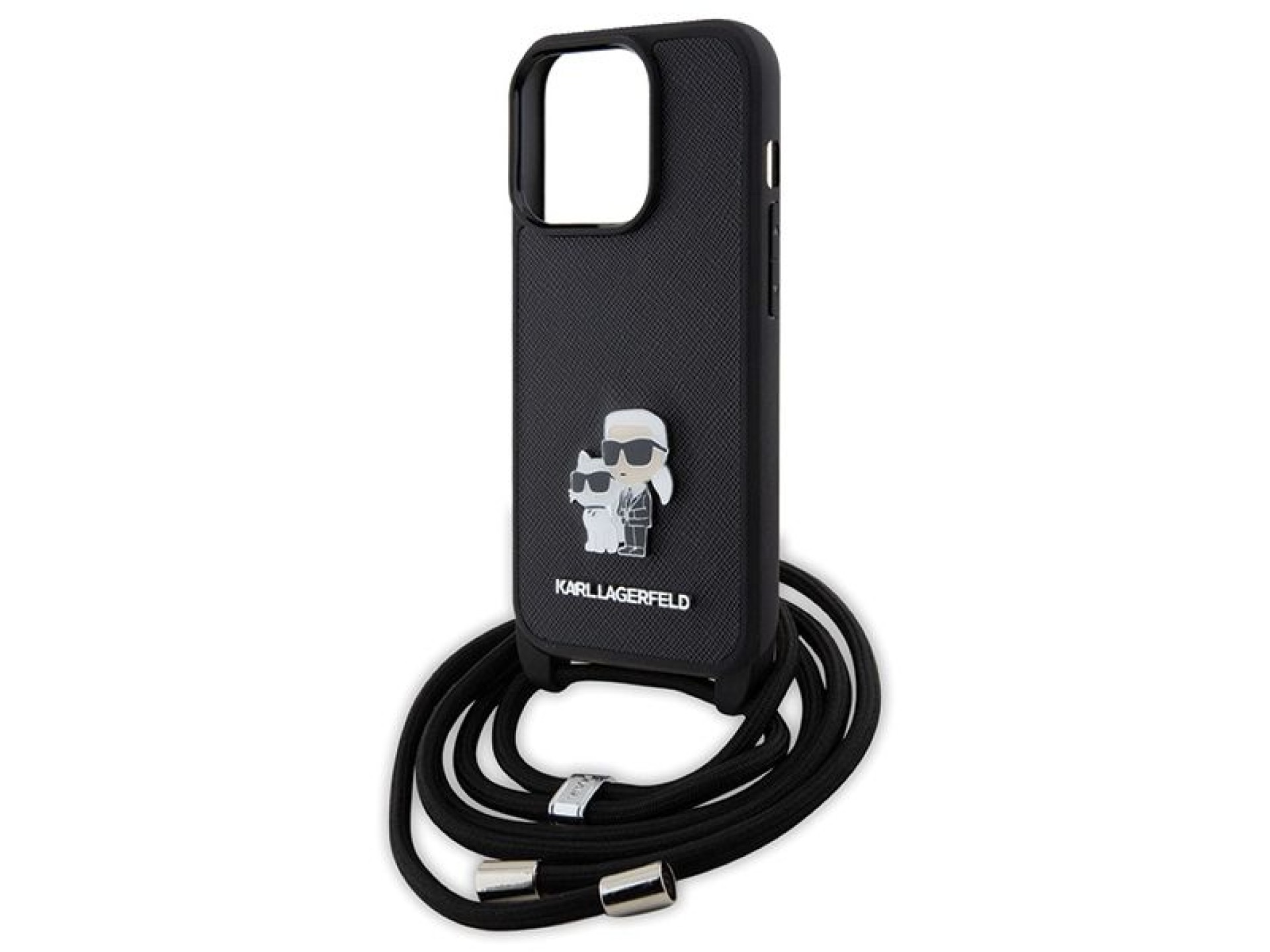 Bolsa transversal Karl Lagerfeld em metal Saffiano com broche Karl & Choupette para iPhone 15 Pro -