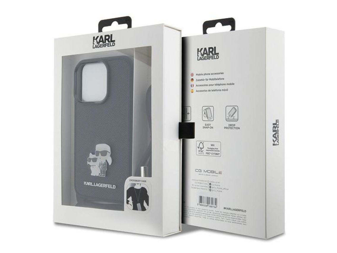 Bolsa transversal Karl Lagerfeld em metal Saffiano com broche Karl & Choupette para iPhone 15 Pro -