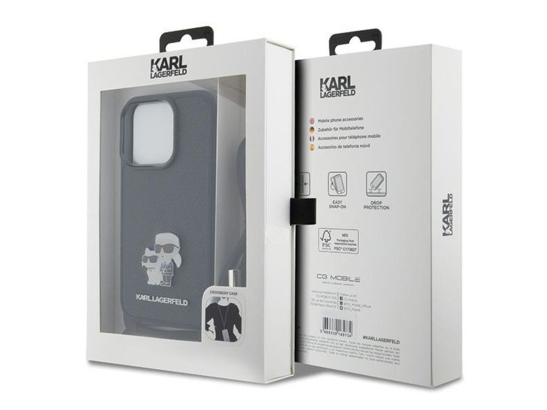 Bolsa transversal Karl Lagerfeld em metal Saffiano com broche Karl & Choupette para iPhone 15 Pro -