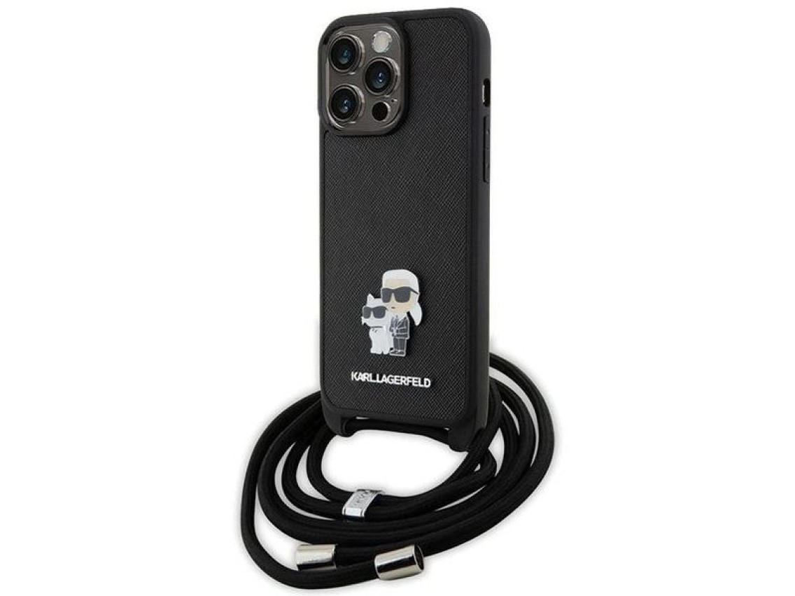 Karl Lagerfeld Crossbody Saffiano Metal Pin Karl & Choupette Case for iPhone 15 Pro Max - Black
