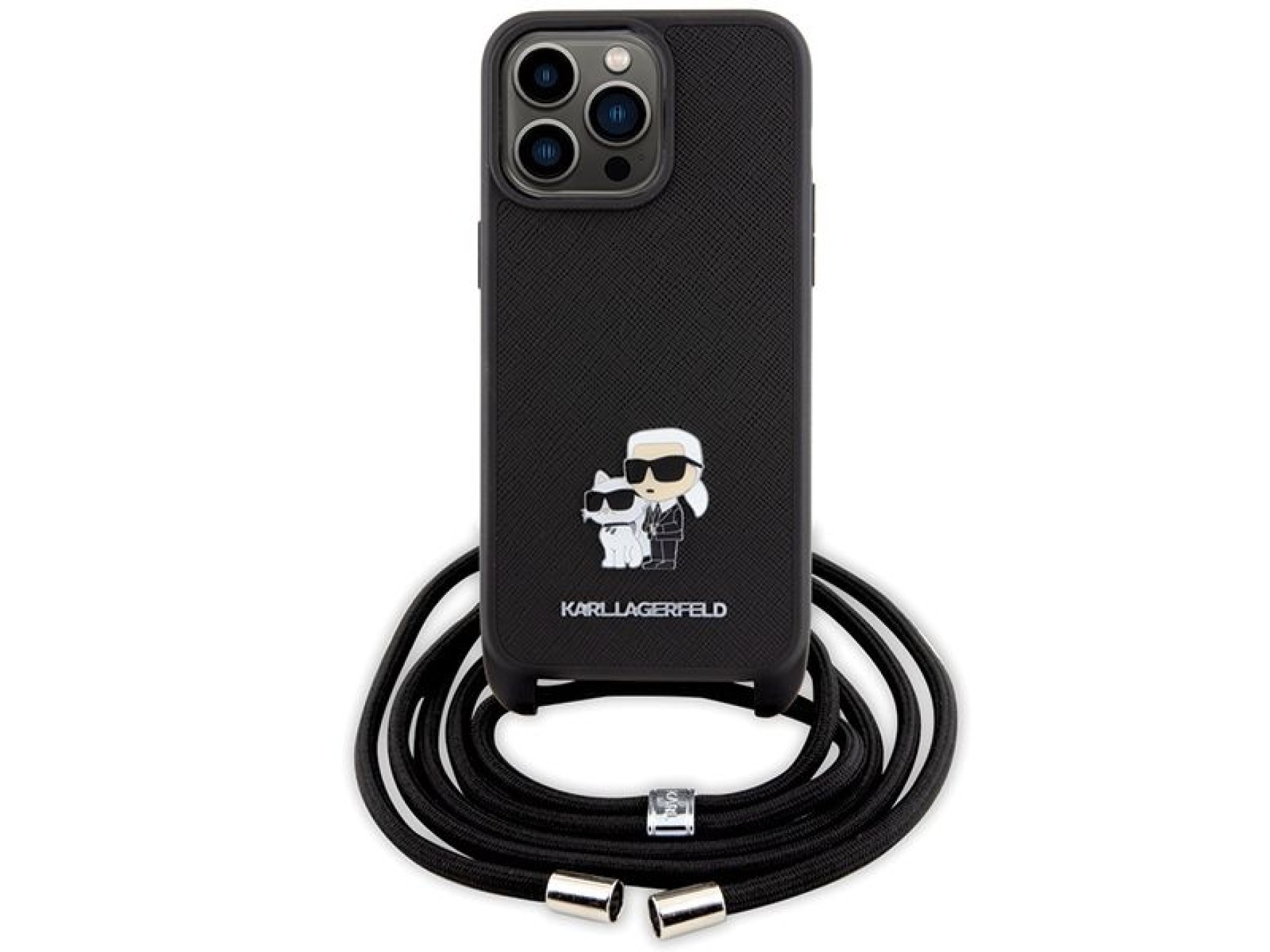 Karl Lagerfeld Crossbody Saffiano Metal Pin Karl & Choupette Case for iPhone 15 Pro Max - Black