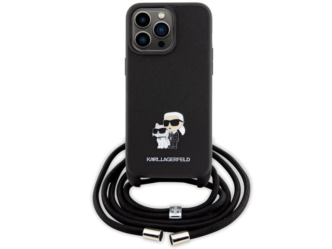 Karl Lagerfeld Crossbody Saffiano Metal Pin Karl & Choupette Case for iPhone 15 Pro Max - Black