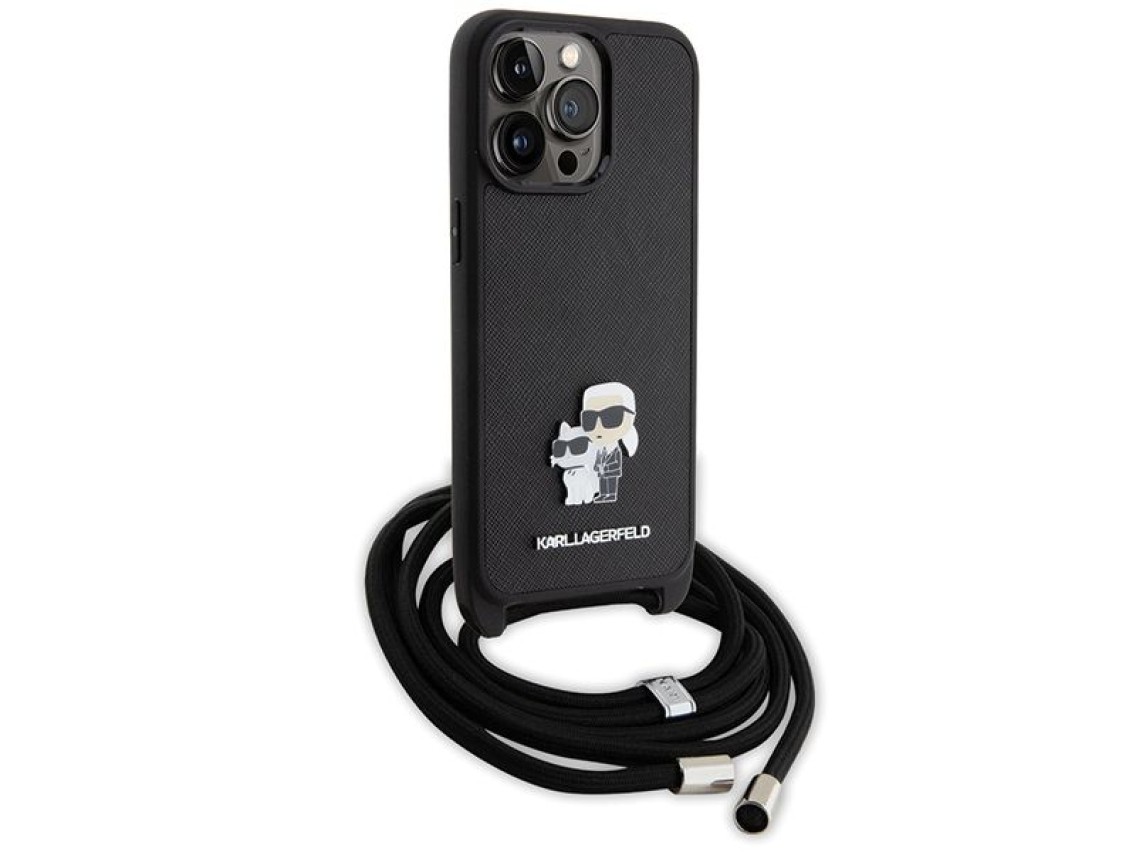Karl Lagerfeld Crossbody Saffiano Metal Pin Karl & Choupette Case for iPhone 15 Pro Max - Black