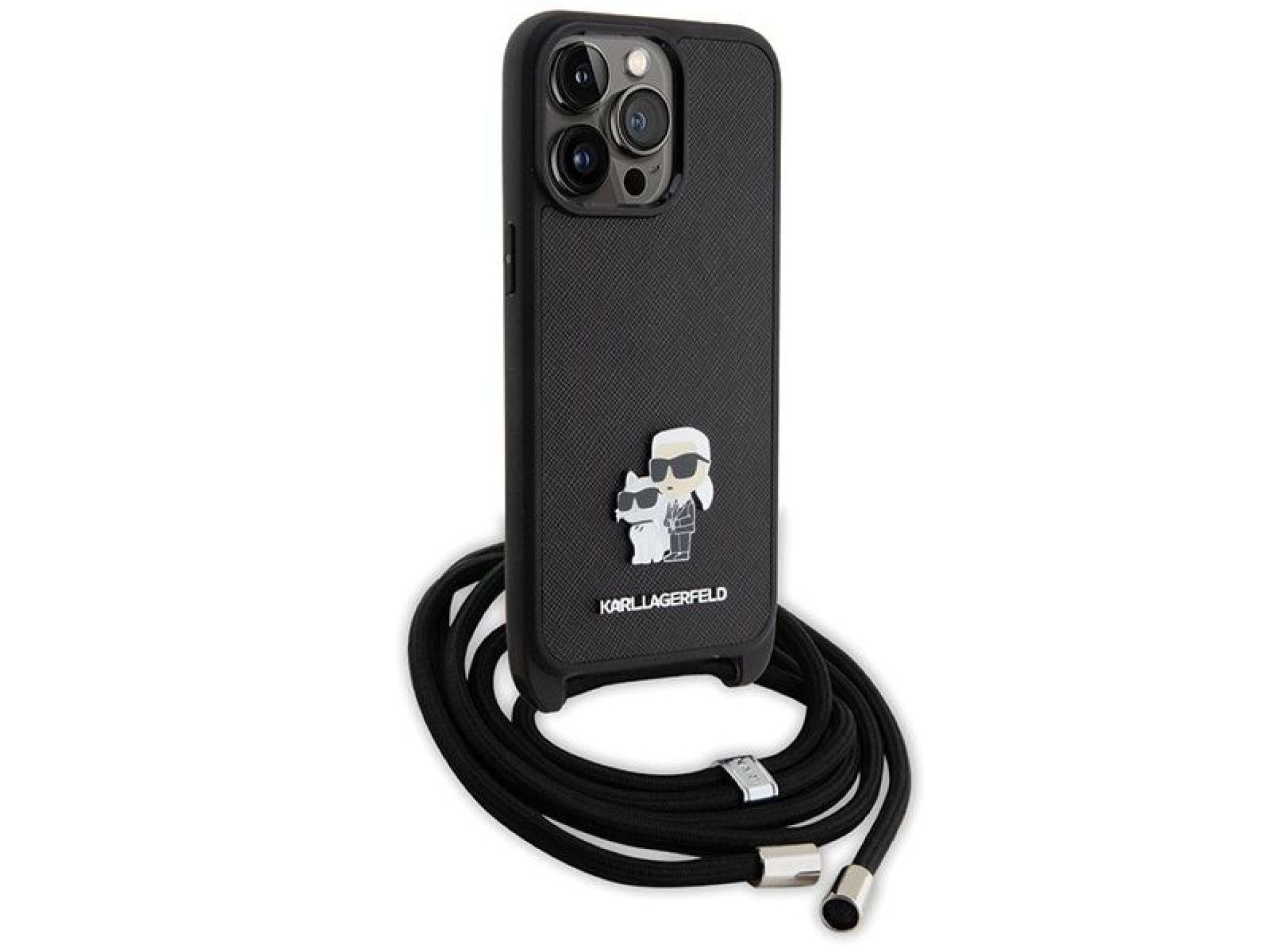 Karl Lagerfeld Crossbody Saffiano Metal Pin Karl & Choupette Case for iPhone 15 Pro Max - Black