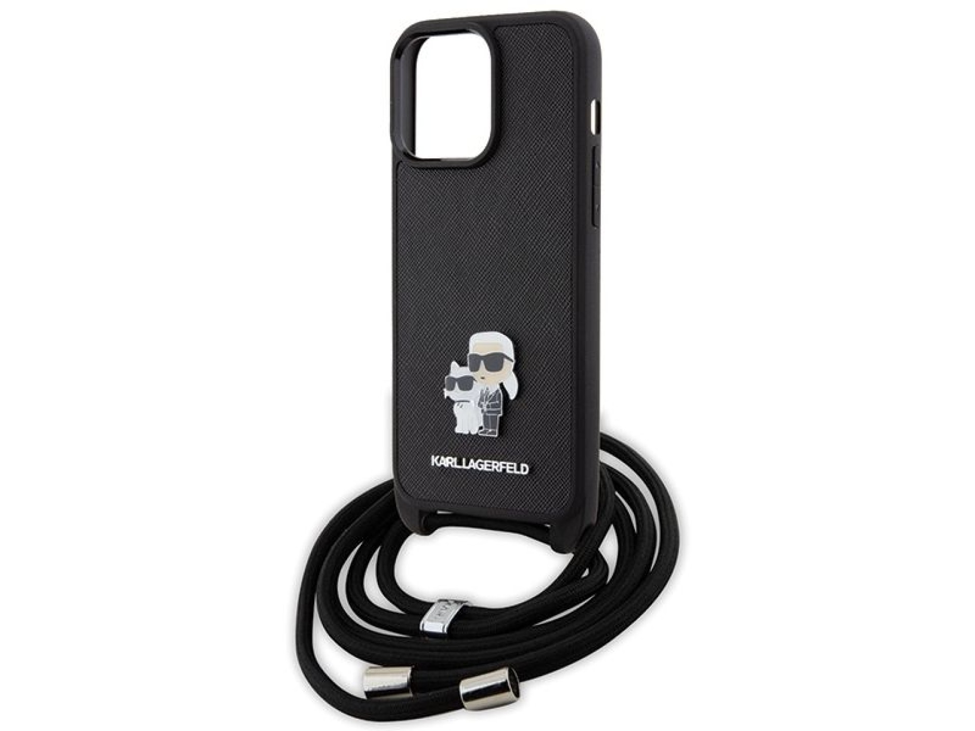 Karl Lagerfeld Crossbody Saffiano Metal Pin Karl & Choupette Case for iPhone 15 Pro Max - Black