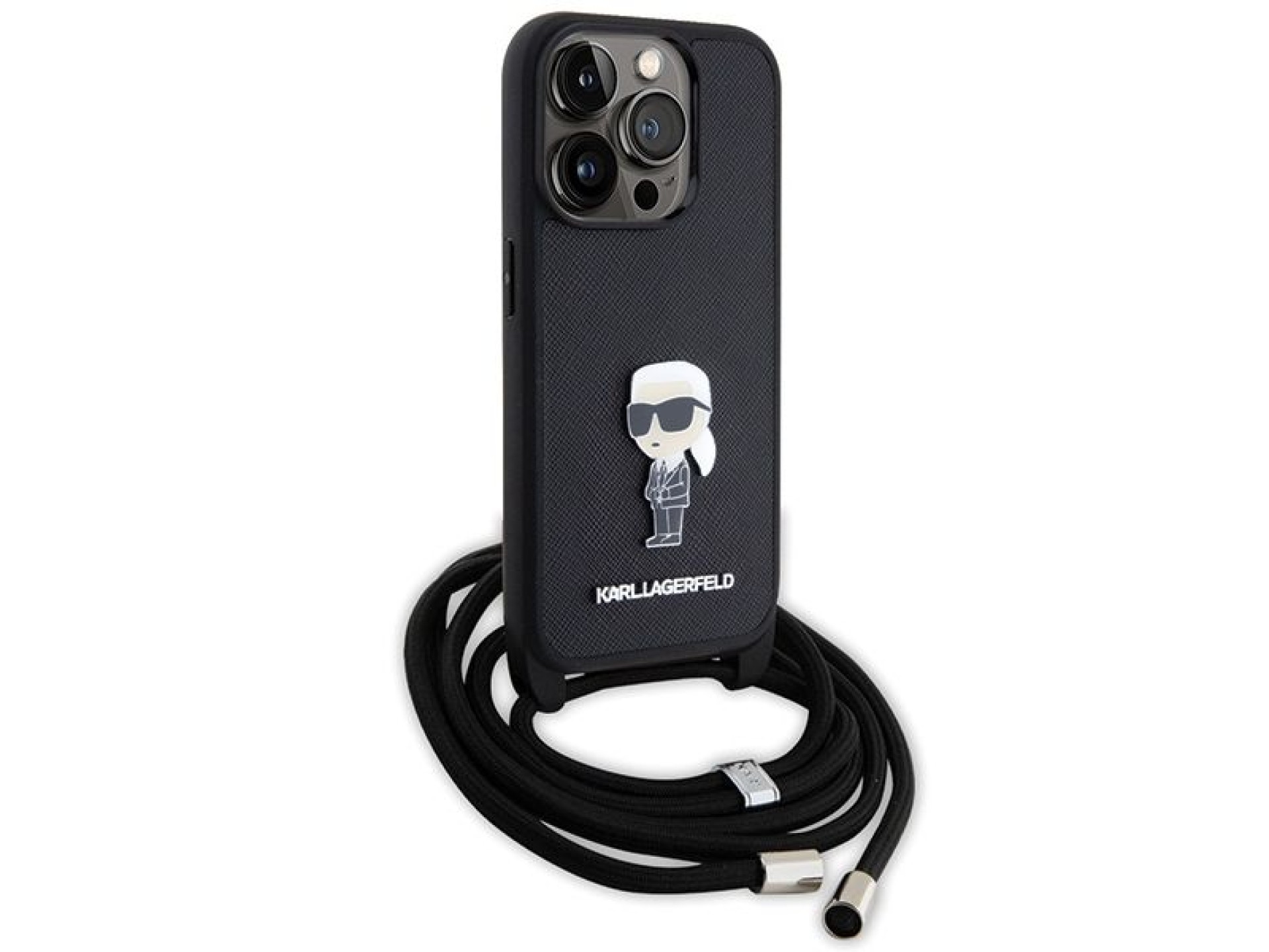 Bolsa transversal Karl Lagerfeld com monograma em couro saffiano e broche metálico. Capa Karl & Chou