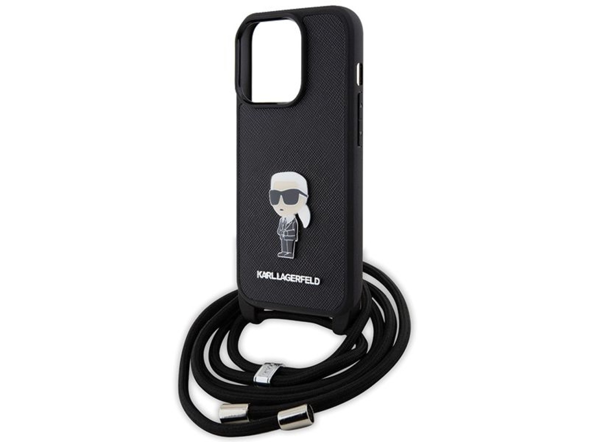 Bolsa transversal Karl Lagerfeld com monograma em couro saffiano e broche metálico. Capa Karl & Chou
