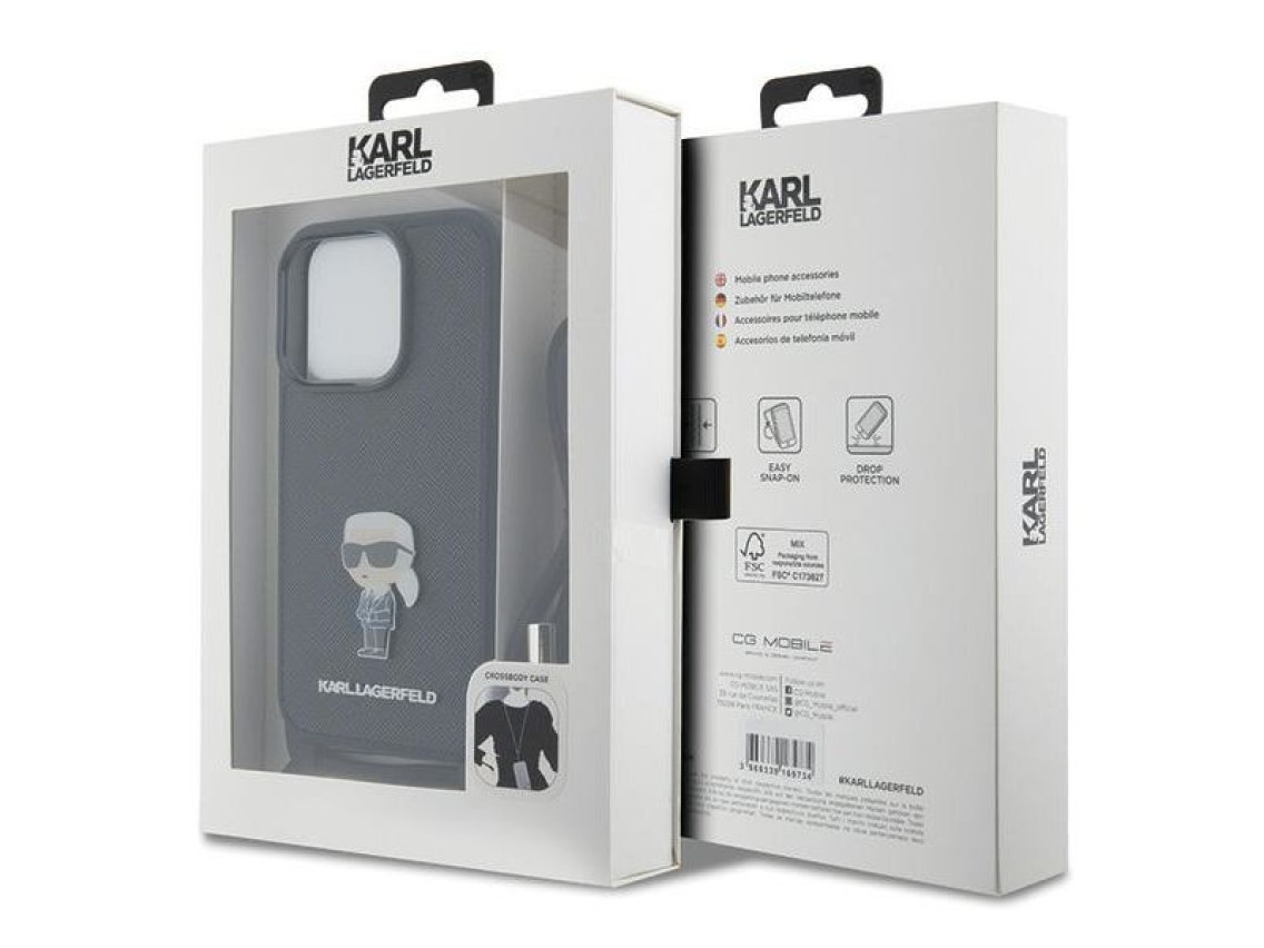 Bolsa transversal Karl Lagerfeld com monograma em couro saffiano e broche metálico. Capa Karl & Chou