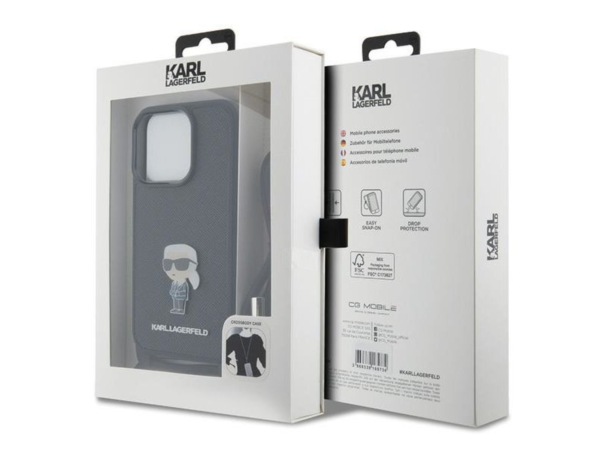 Bolsa transversal Karl Lagerfeld com monograma em couro saffiano e broche metálico. Capa Karl & Chou